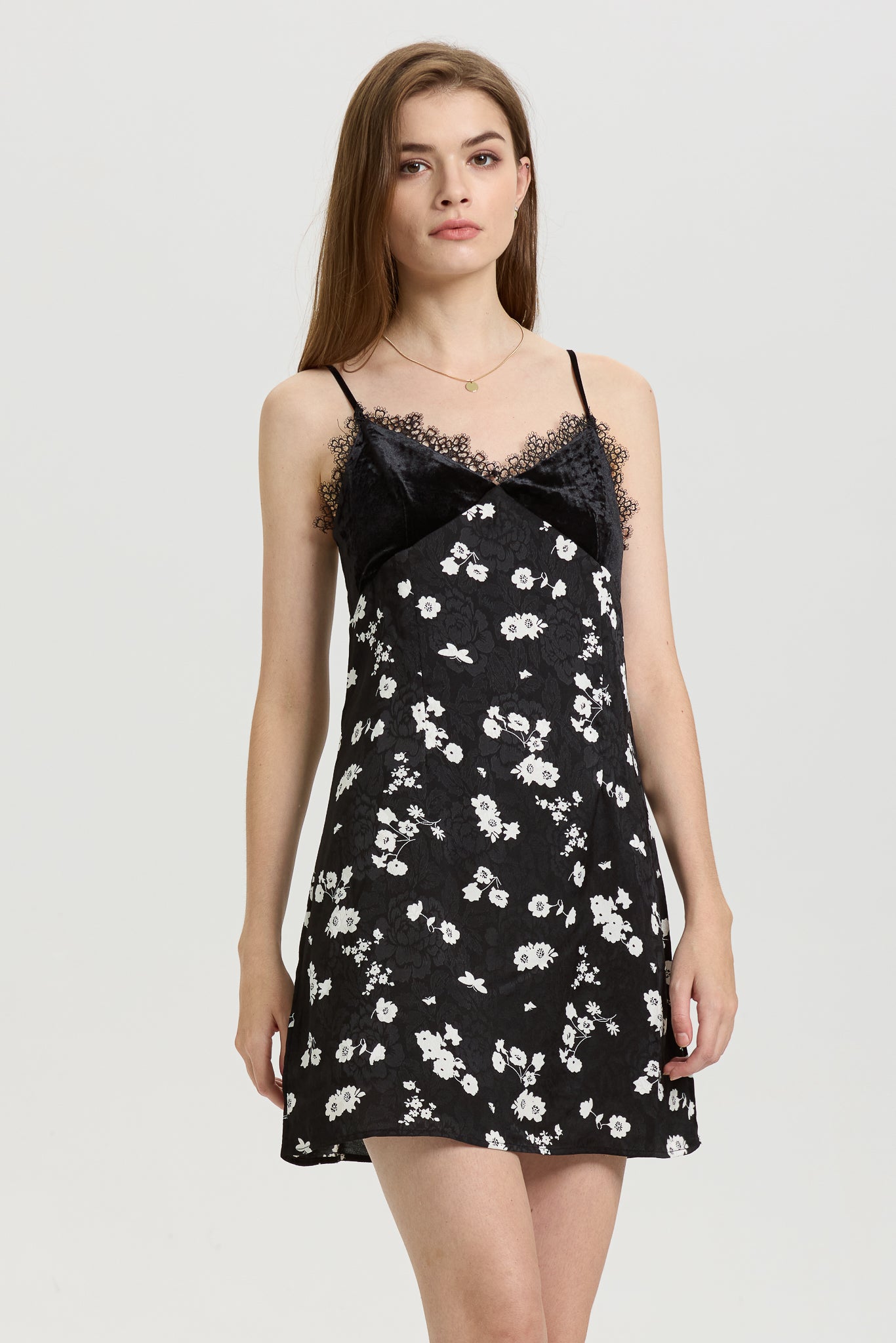 Black Floral Slip Dress with Lace Trim (2S-2M-2L)