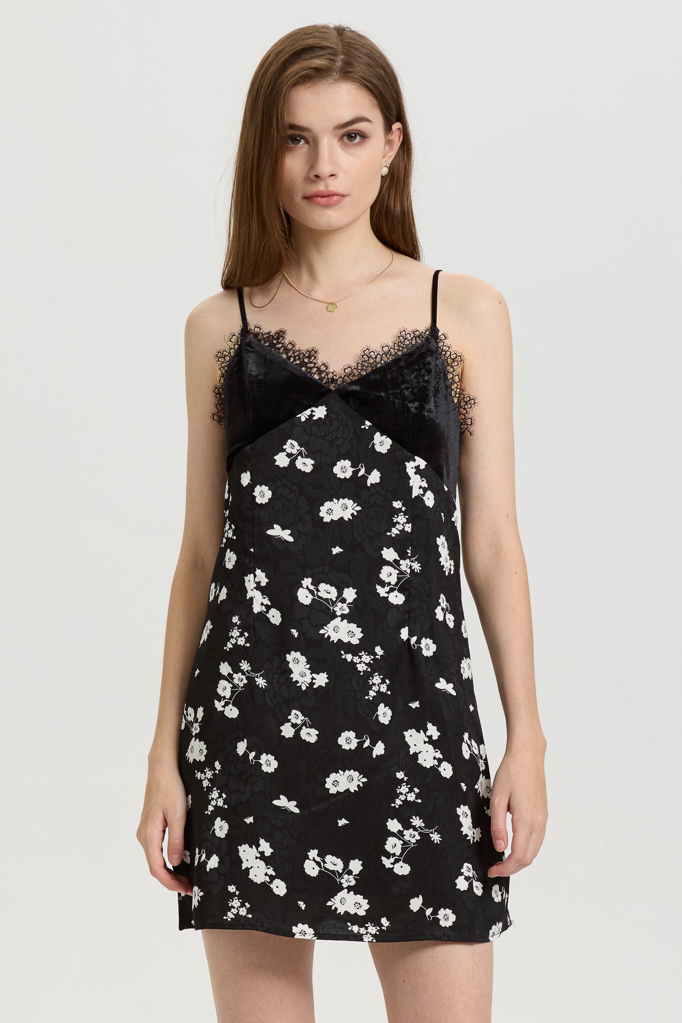 Black Floral Slip Dress with Lace Trim (2S-2M-2L)