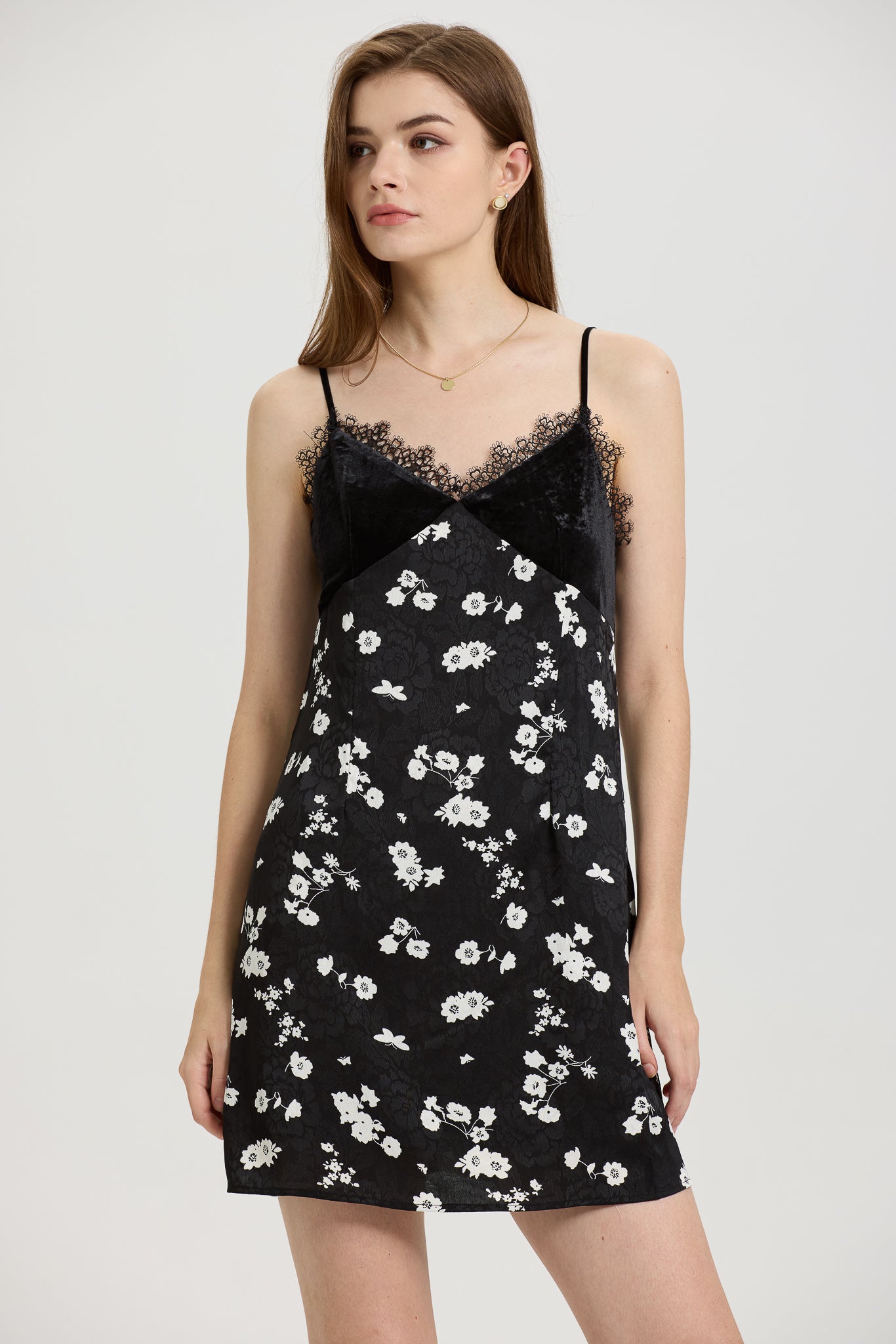 Black Floral Slip Dress with Lace Trim (2S-2M-2L)