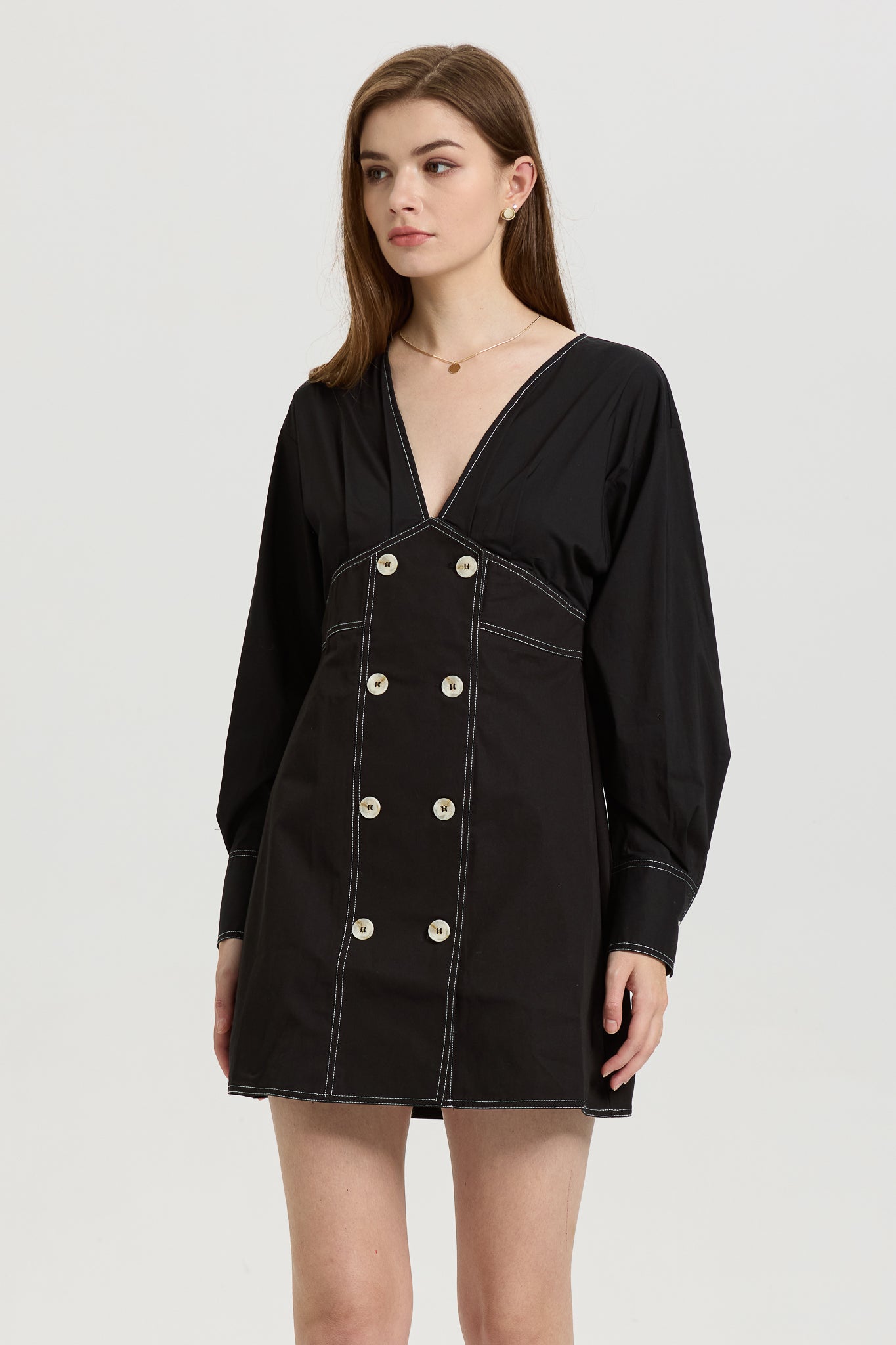 Black Long-Sleeve Mini Dress with Contrast Stitching (2S-2M-2L)