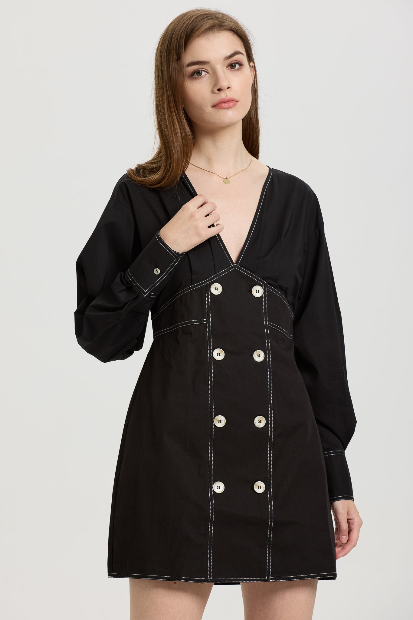 Black Long-Sleeve Mini Dress with Contrast Stitching (2S-2M-2L)