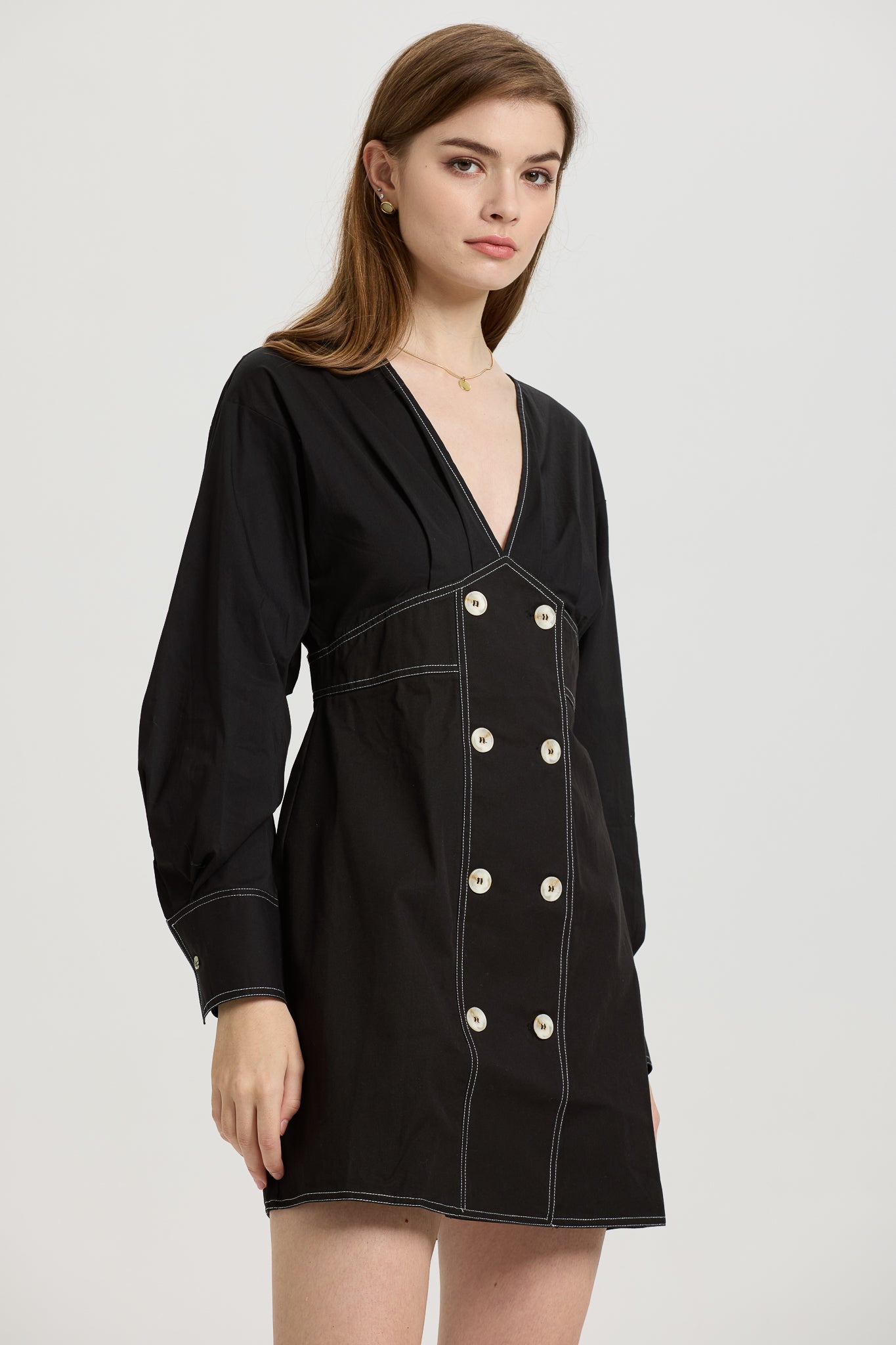 Black Long-Sleeve Mini Dress with Contrast Stitching (2S-2M-2L)