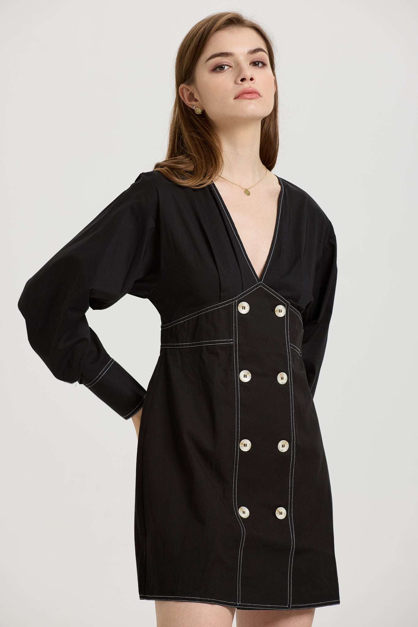 Black Long-Sleeve Mini Dress with Contrast Stitching (2S-2M-2L)