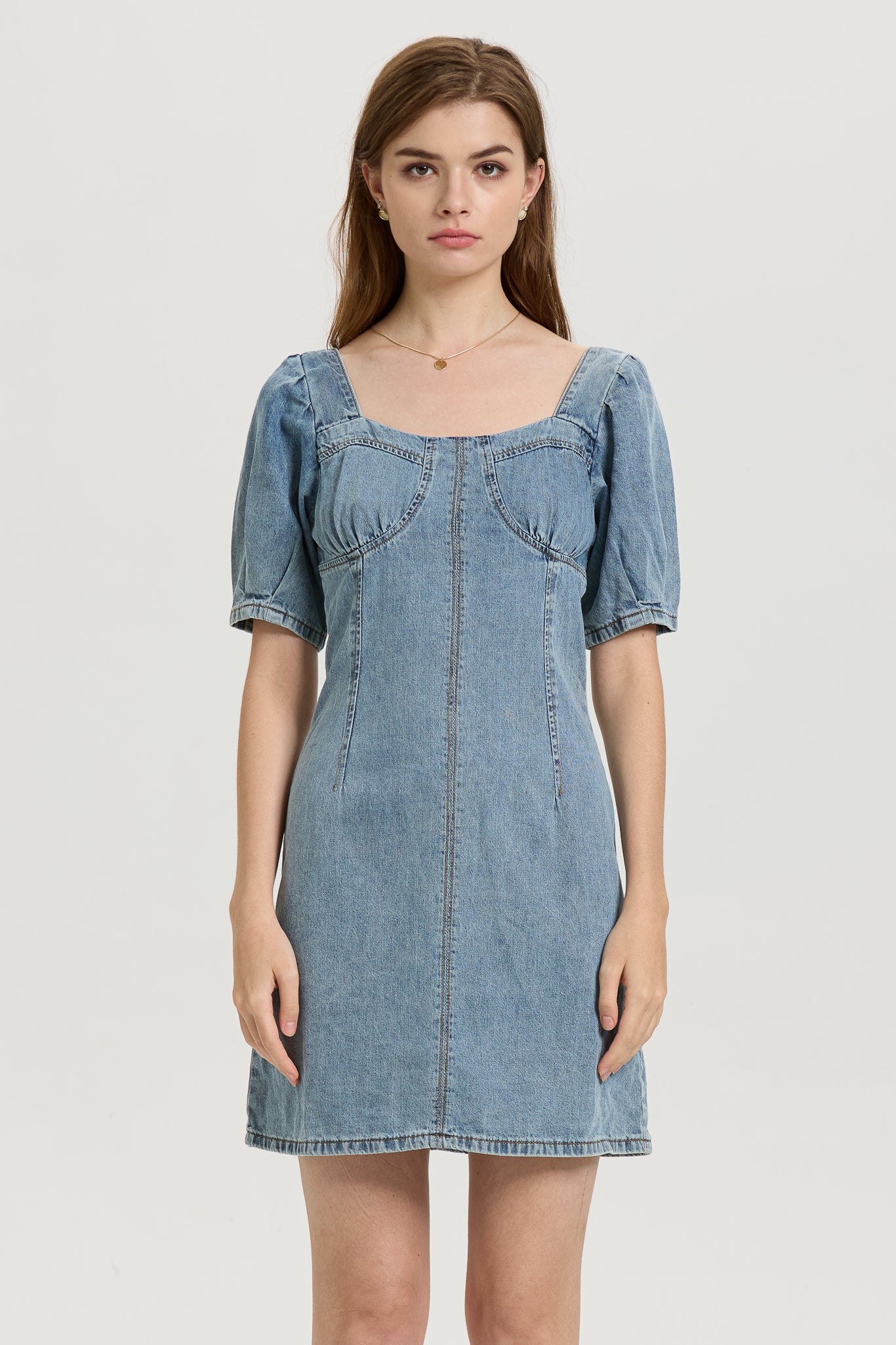 Denim Puff Sleeve Mini Dress (2S-2M-2L)