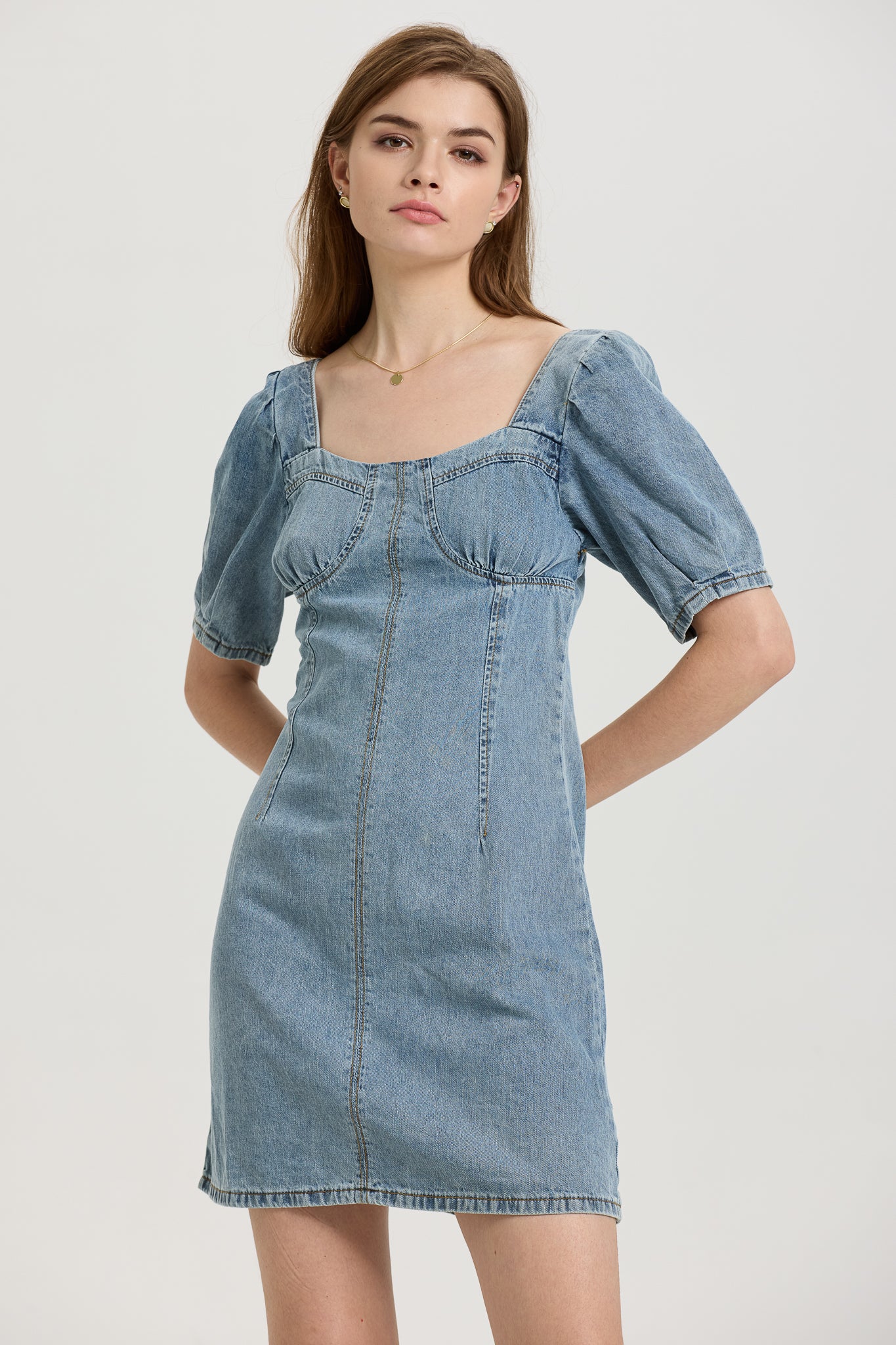 Denim Puff Sleeve Mini Dress (2S-2M-2L)