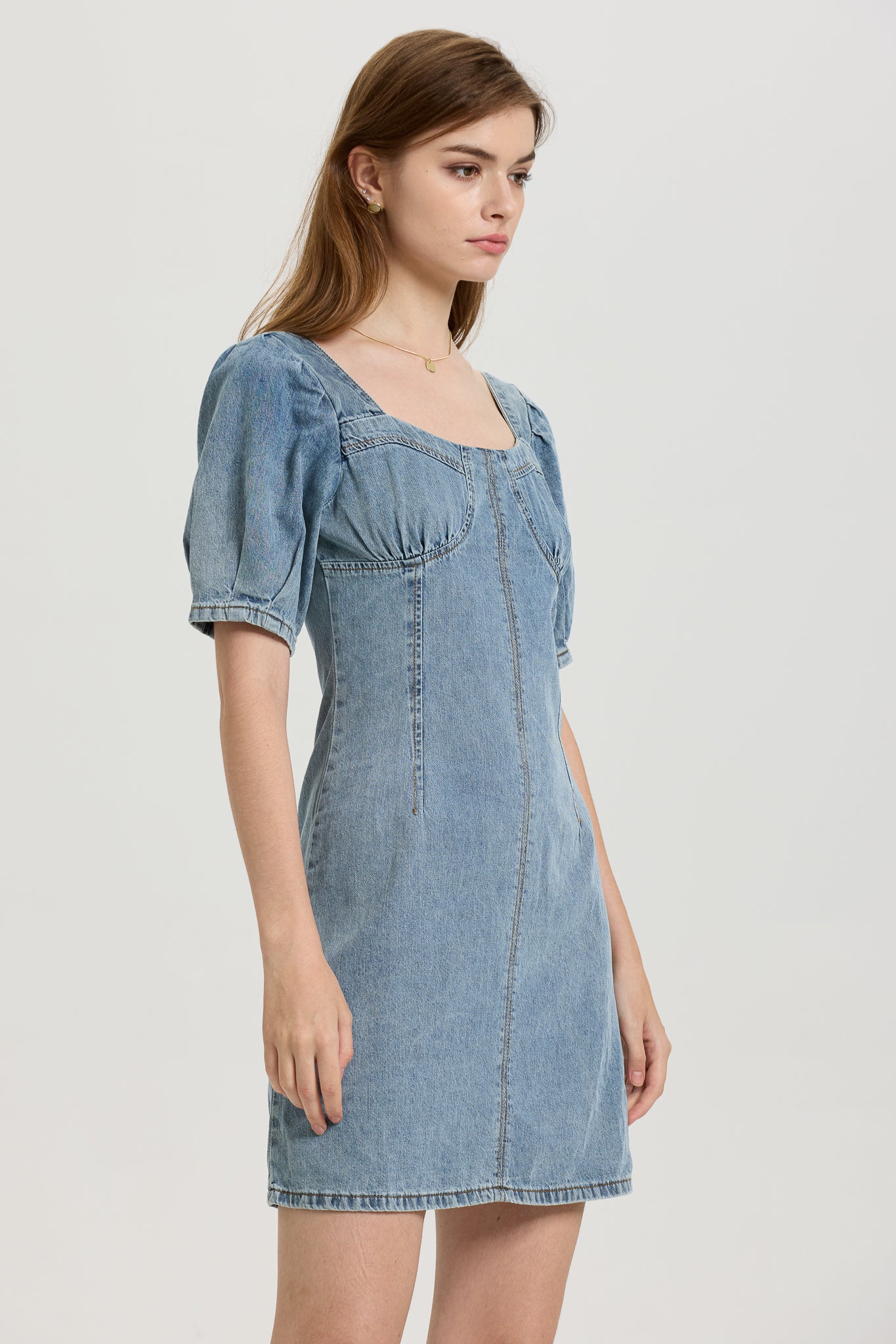 Denim Puff Sleeve Mini Dress (2S-2M-2L)