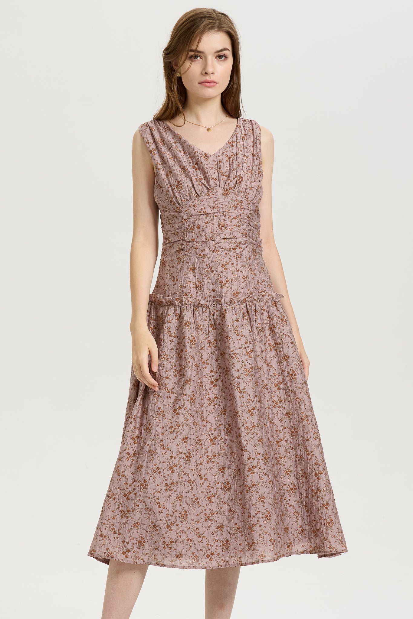 V-Neck Dusty Rose Sleeveless Midi Dress (2S-2M-2L)