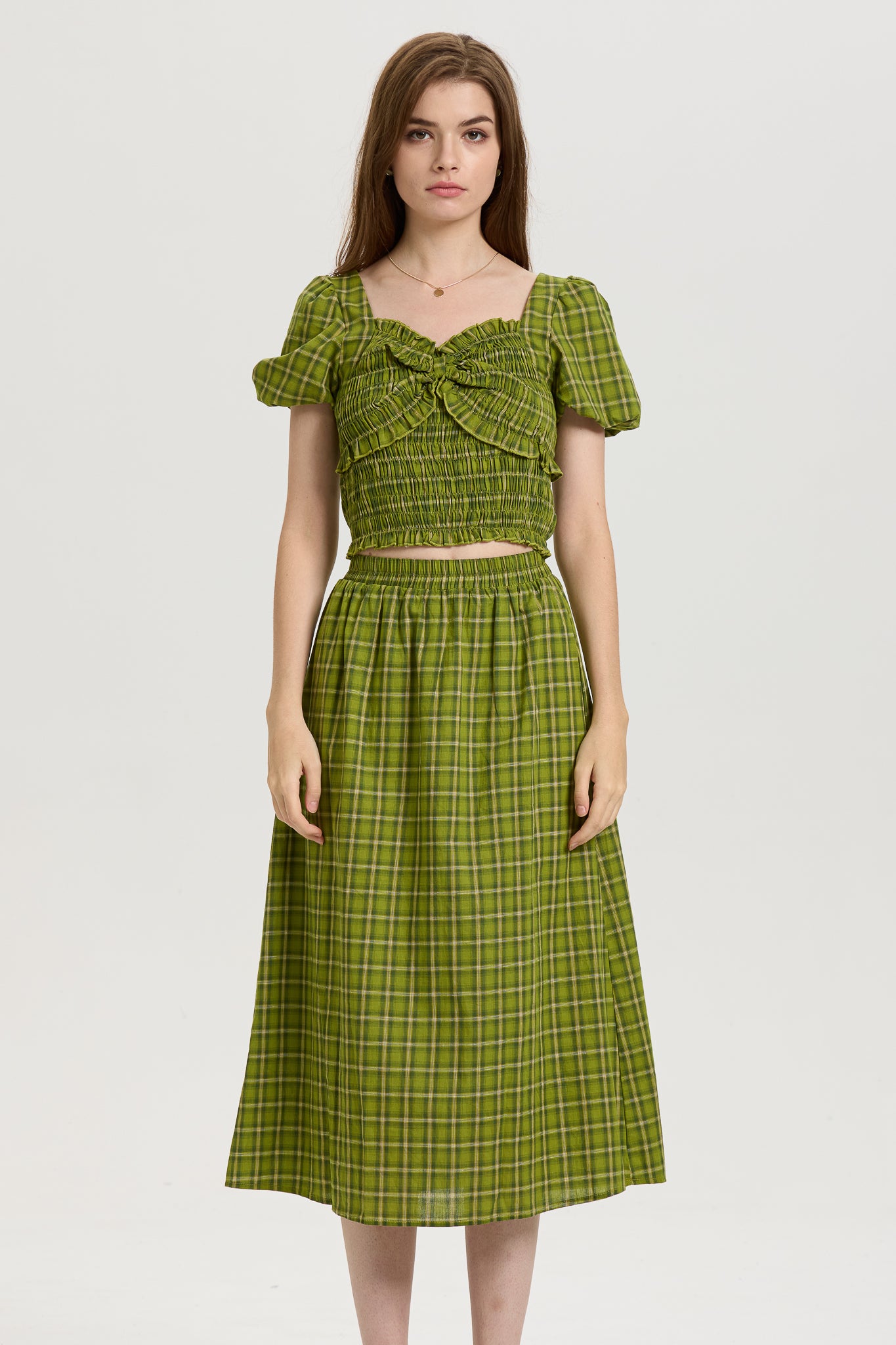 Green Plaid Smocked Crop Top and Midi Skirt Set (2S-2M-2L)