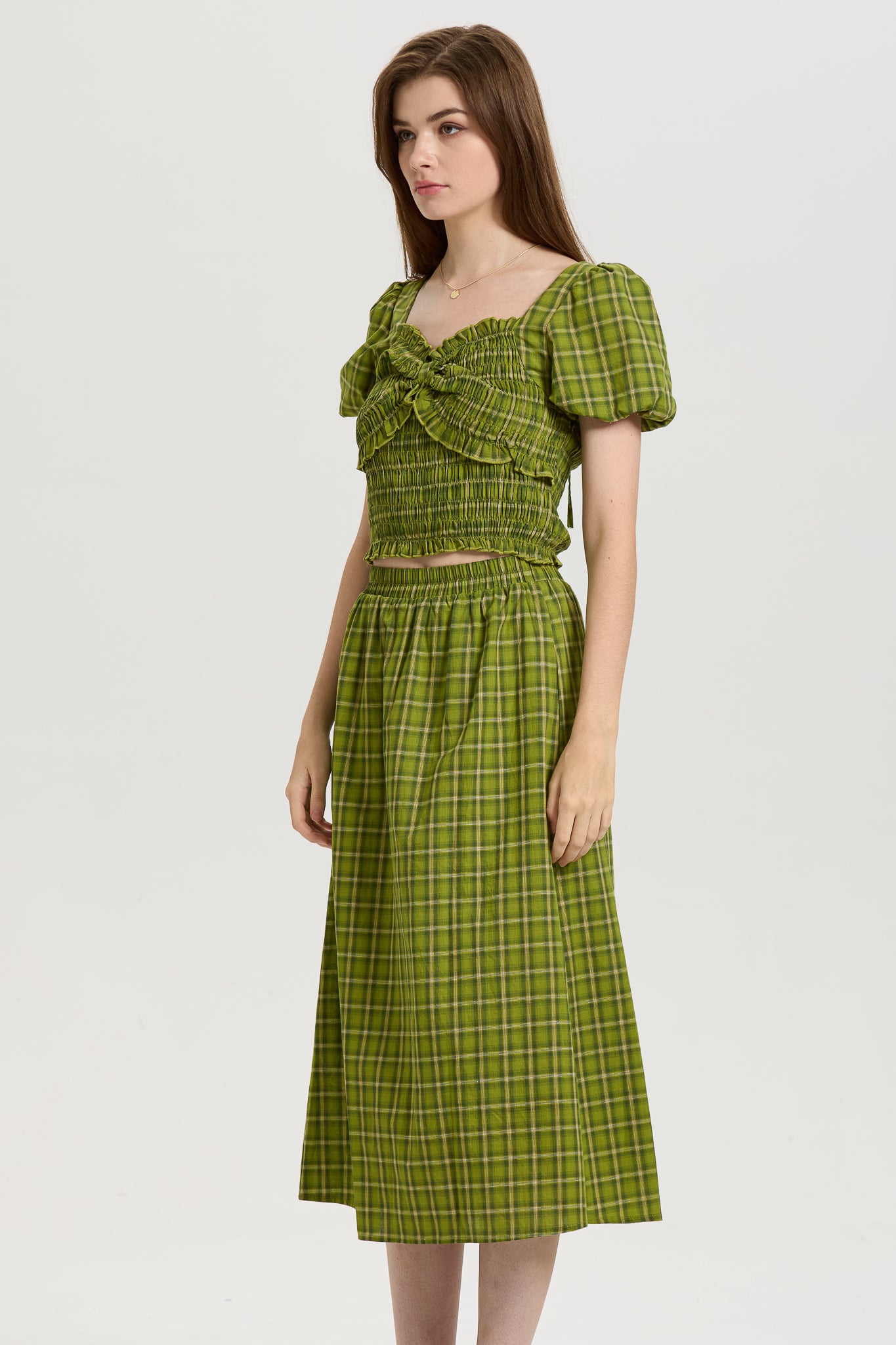 Green Plaid Smocked Crop Top and Midi Skirt Set (2S-2M-2L)