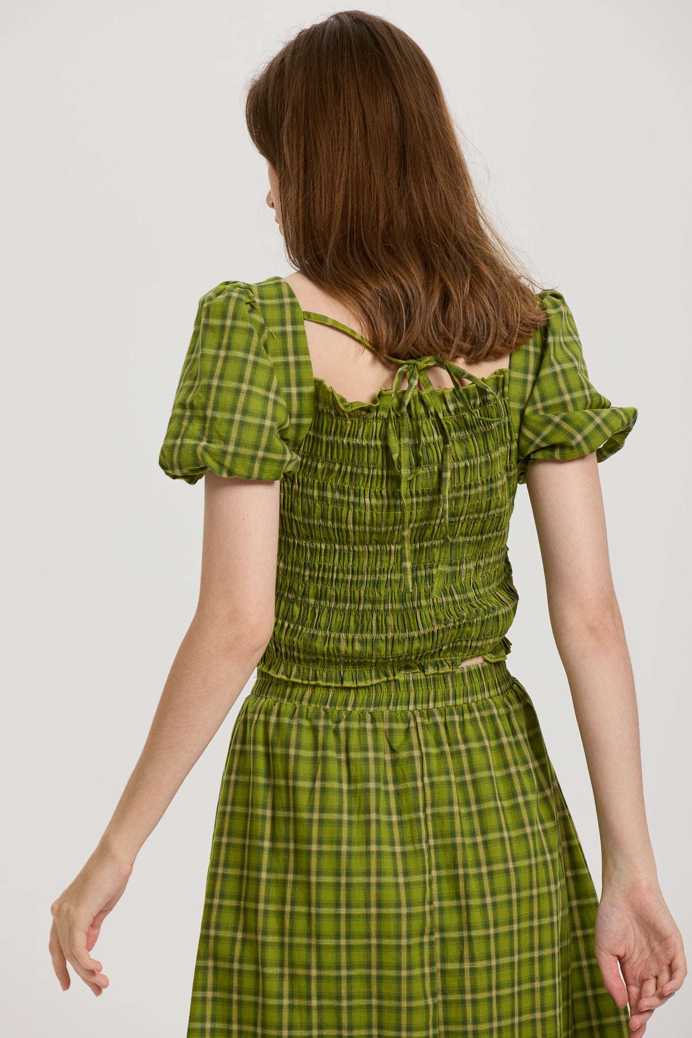 Green Plaid Smocked Crop Top and Midi Skirt Set (2S-2M-2L)