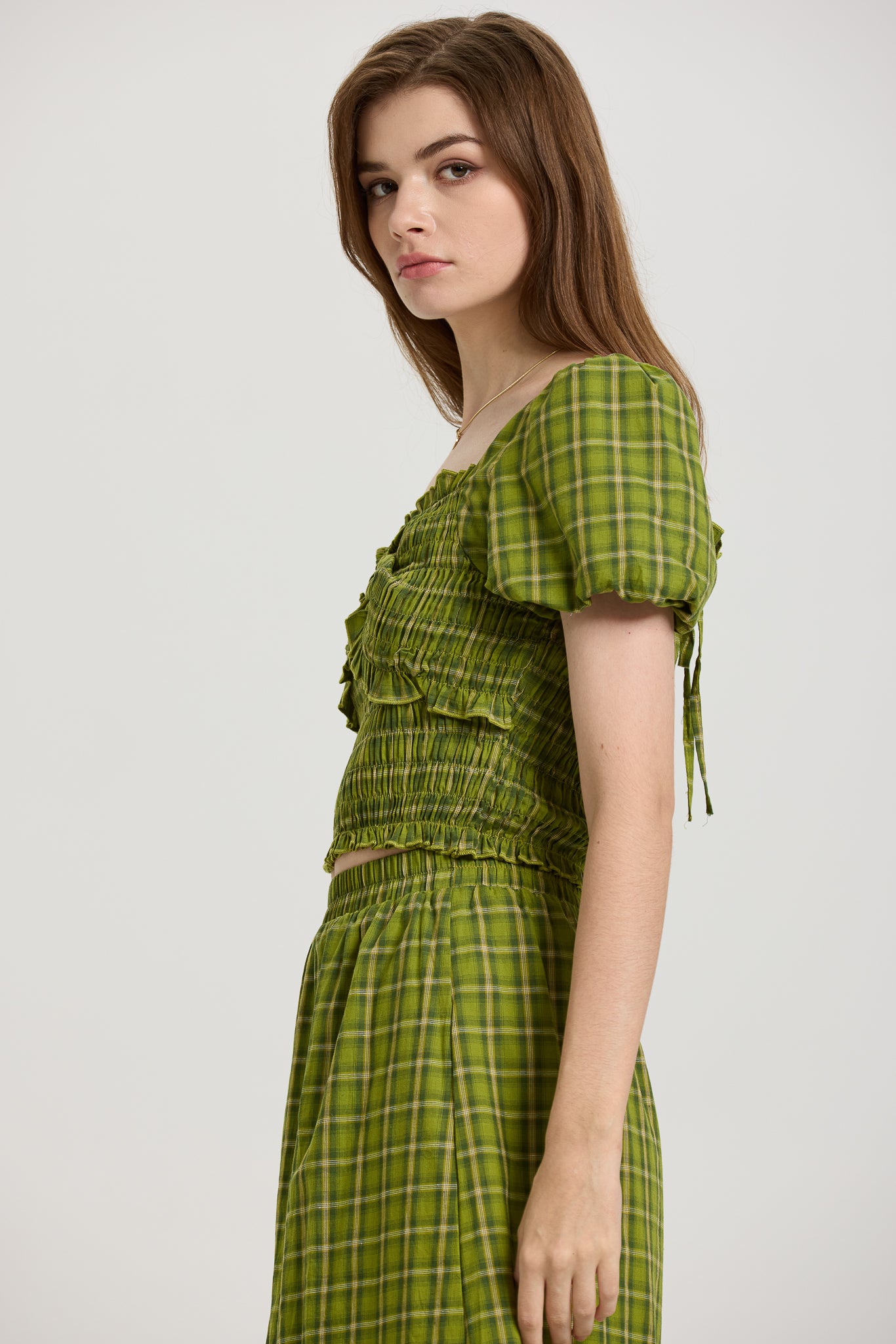 Green Plaid Smocked Crop Top and Midi Skirt Set (2S-2M-2L)