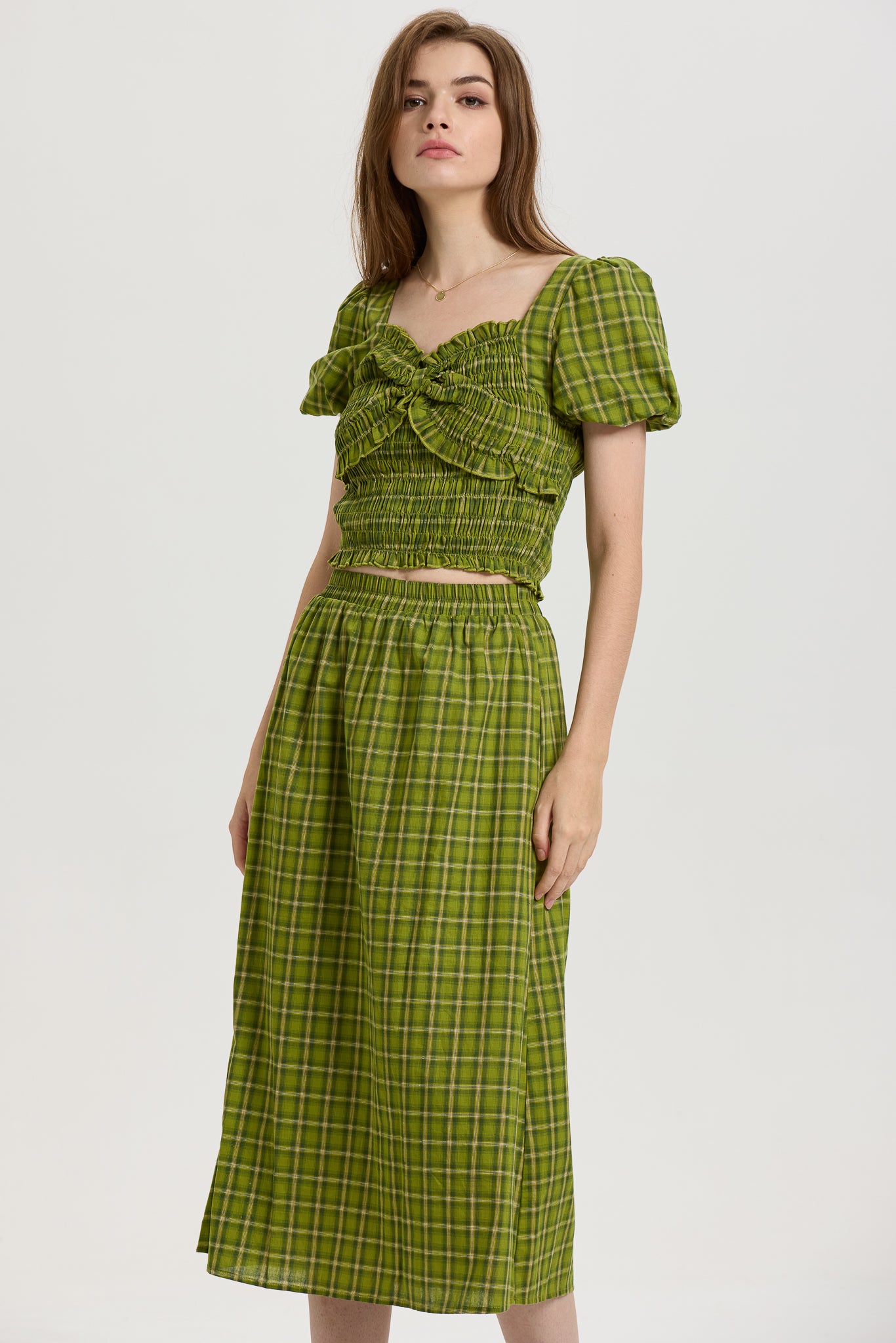 Green Plaid Smocked Crop Top and Midi Skirt Set (2S-2M-2L)