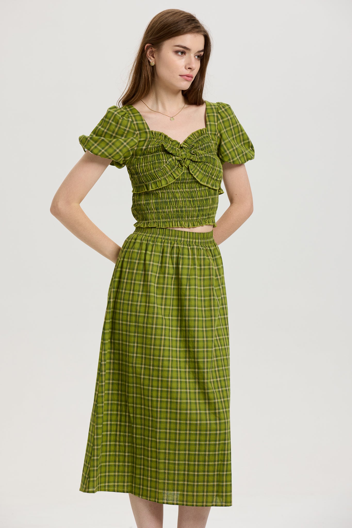 Green Plaid Smocked Crop Top and Midi Skirt Set (2S-2M-2L)