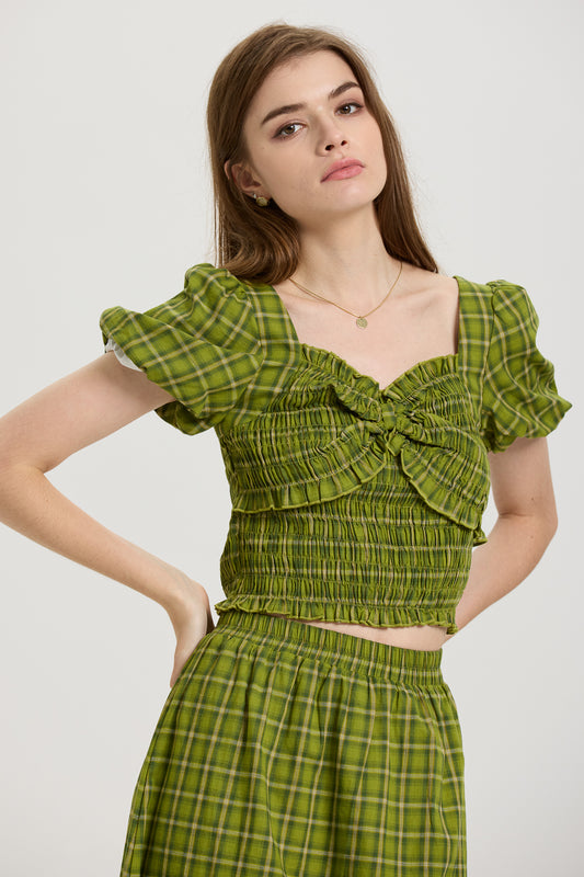 Green Plaid Smocked Crop Top and Midi Skirt Set (2S-2M-2L)