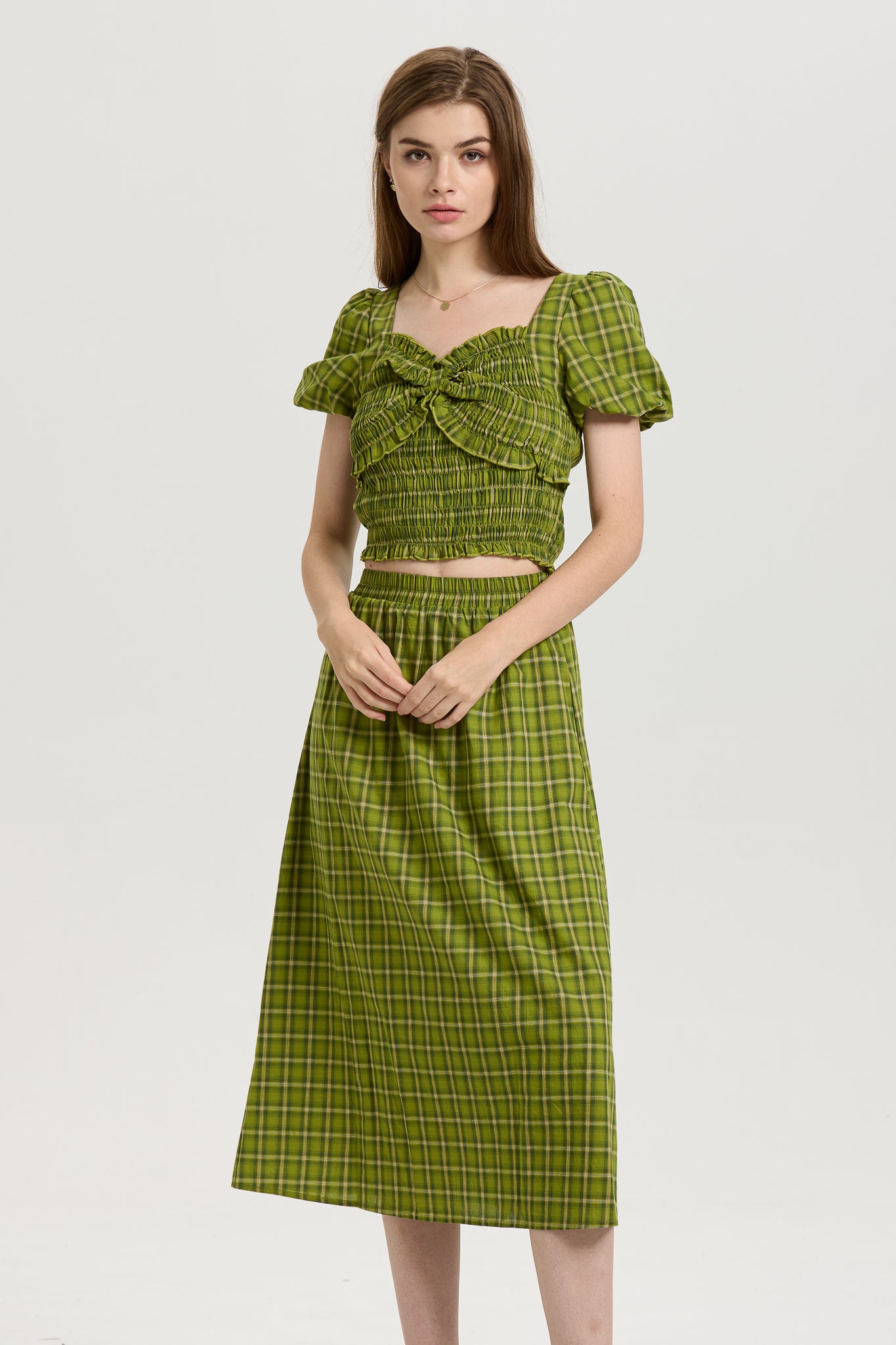 Green Plaid Smocked Crop Top and Midi Skirt Set (2S-2M-2L)