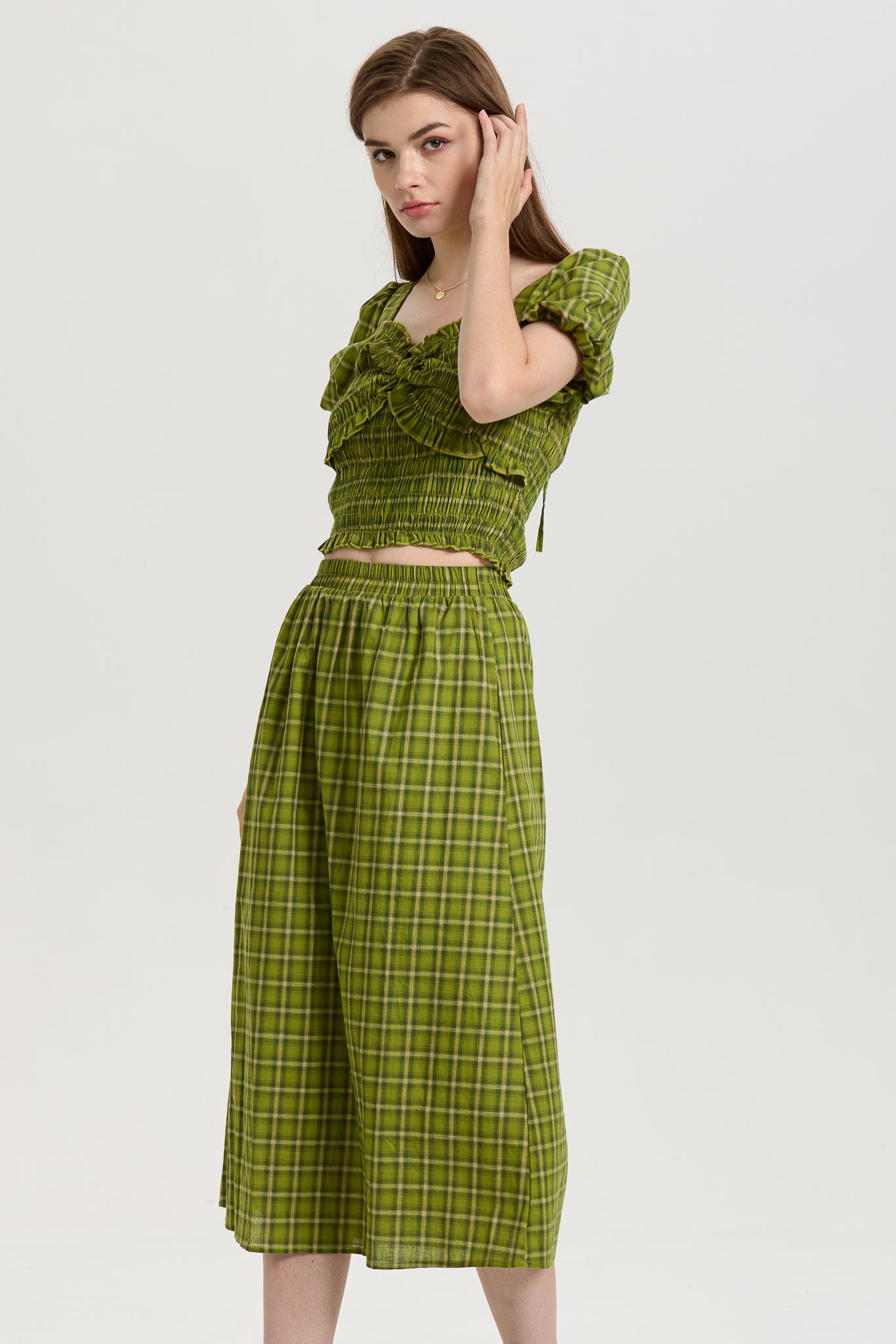 Green Plaid Smocked Crop Top and Midi Skirt Set (2S-2M-2L)