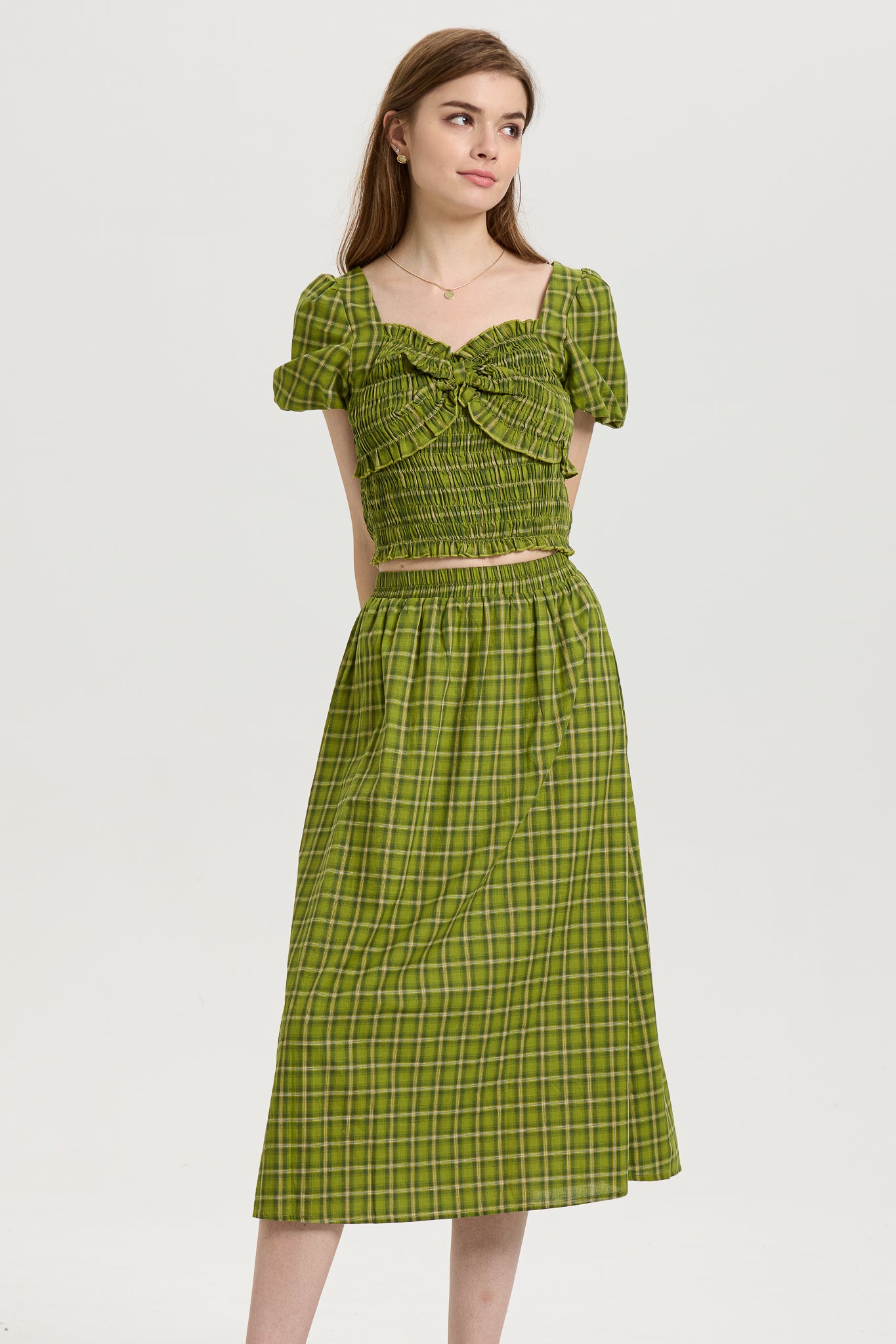 Green Plaid Smocked Crop Top and Midi Skirt Set (2S-2M-2L)