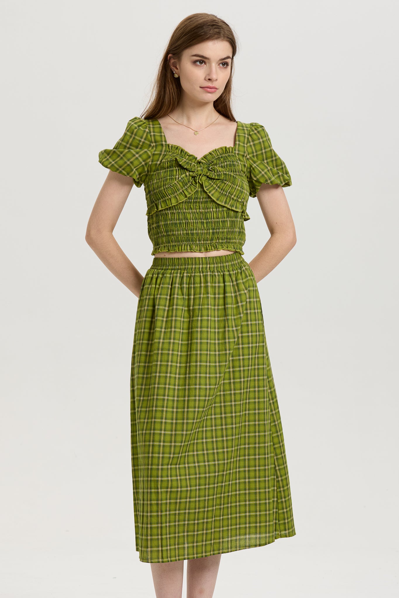 Green Plaid Smocked Crop Top and Midi Skirt Set (2S-2M-2L)