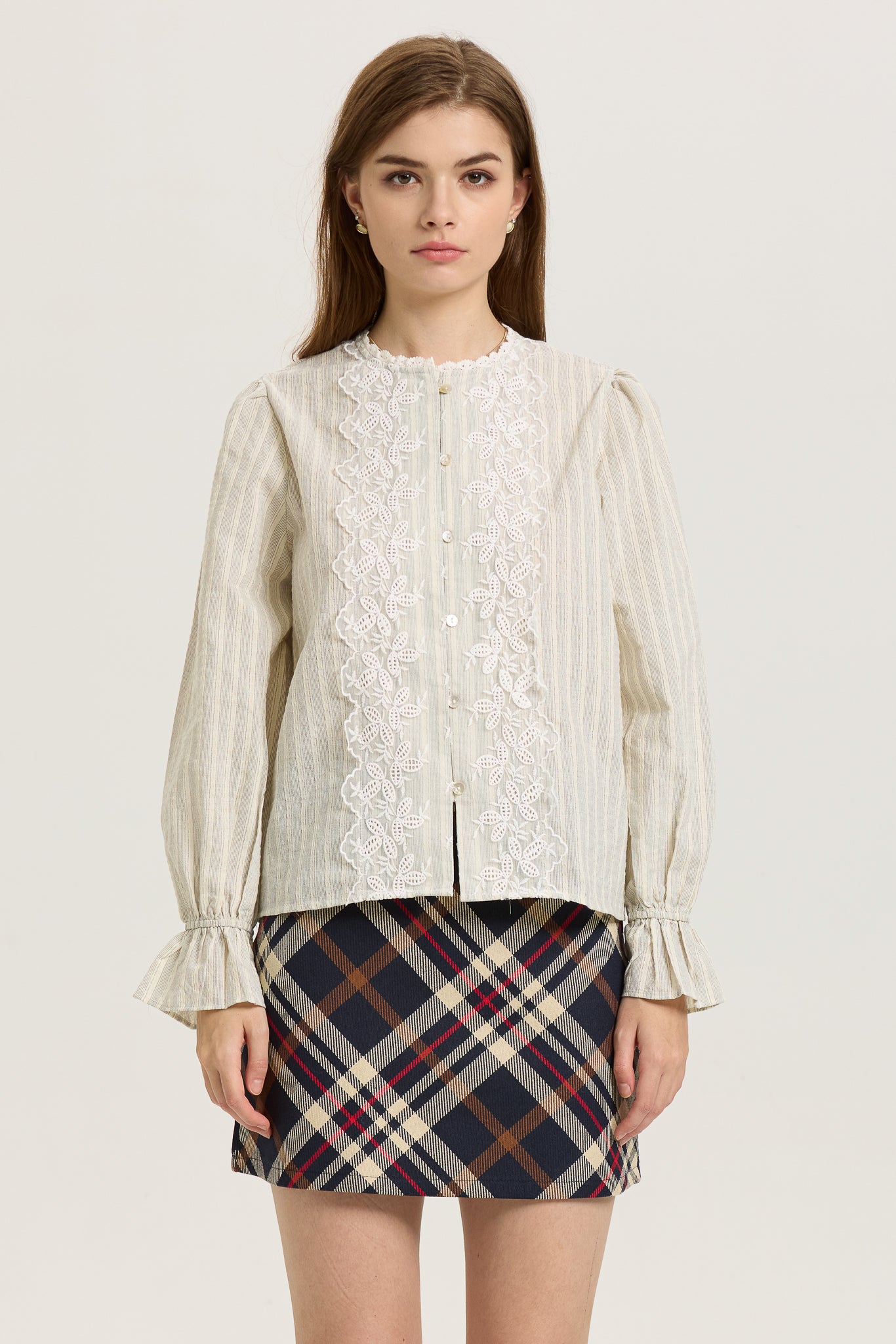 Striped Button-Up Blouse with Lace Appliqué (2S-2M-2L)