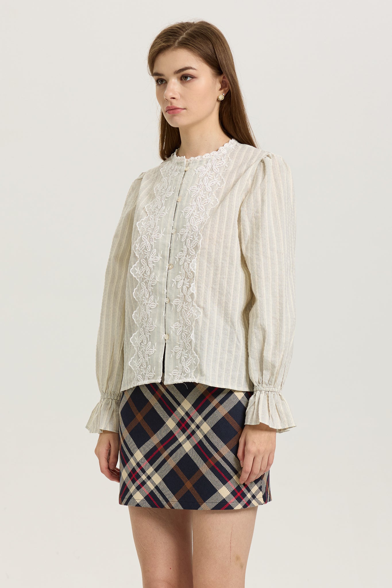 Striped Button-Up Blouse with Lace Appliqué (2S-2M-2L)