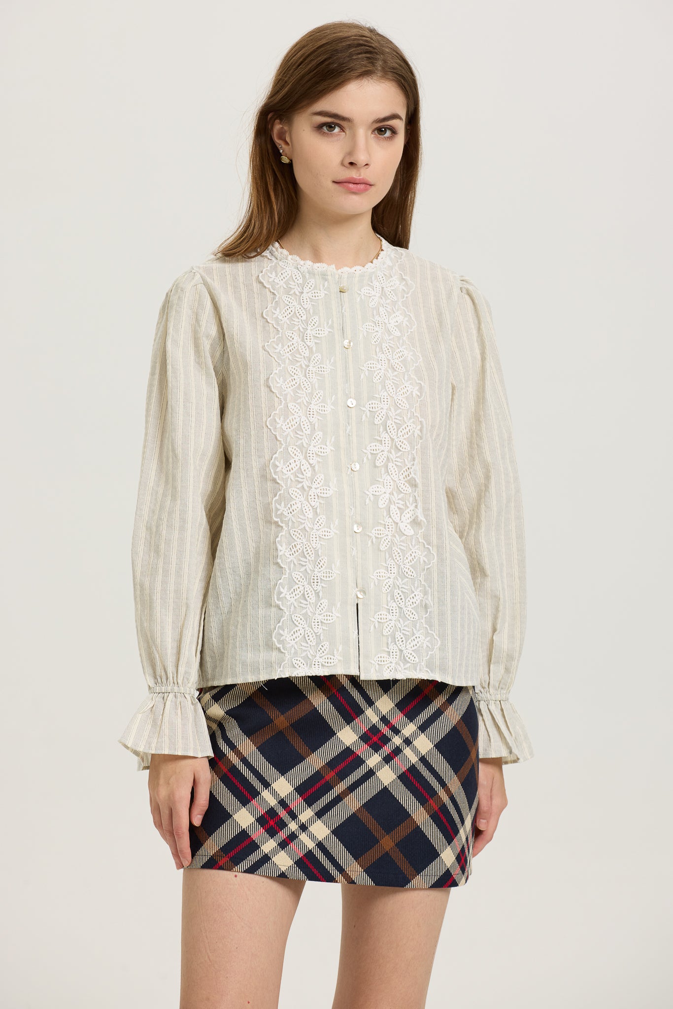 Striped Button-Up Blouse with Lace Appliqué (2S-2M-2L)