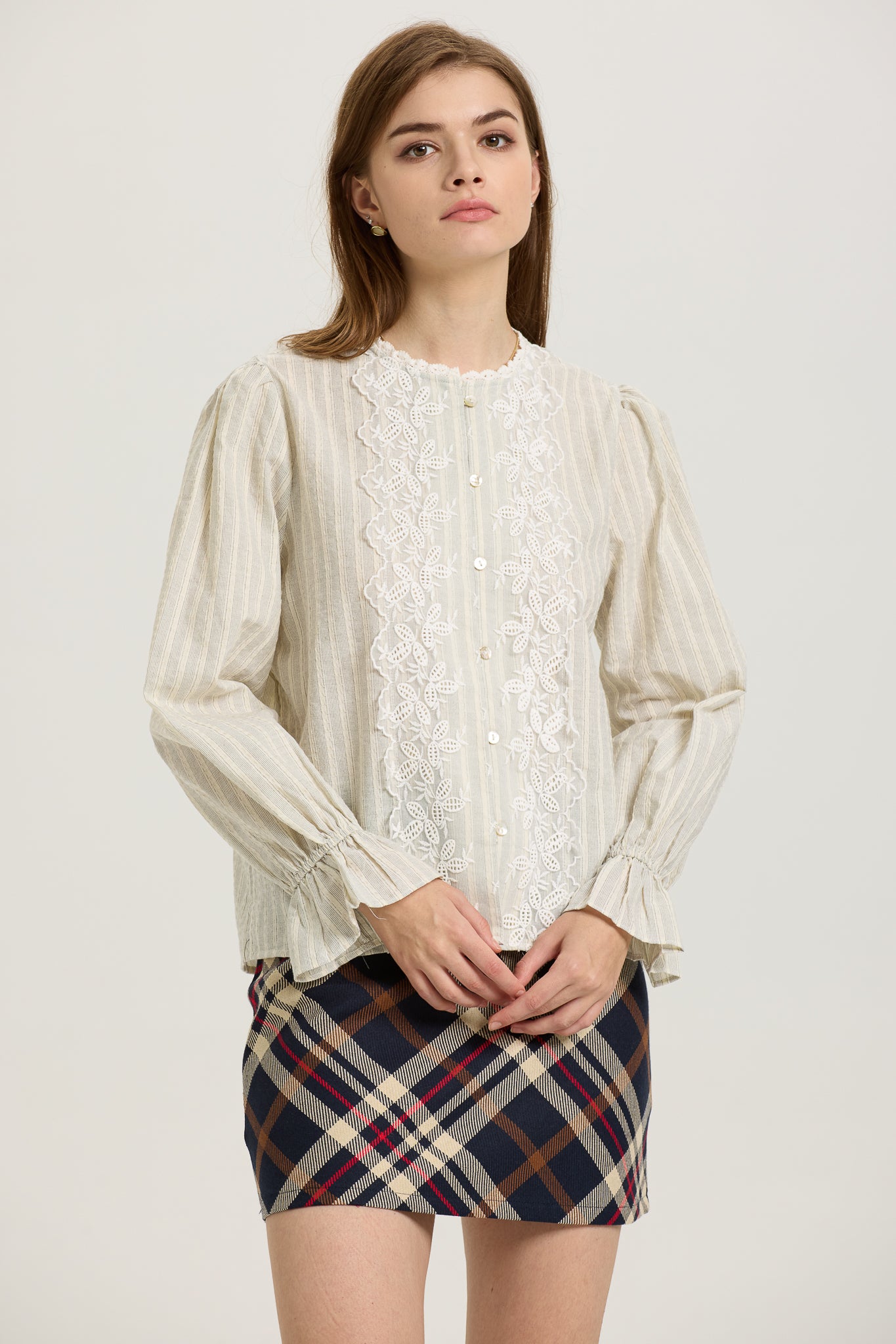 Striped Button-Up Blouse with Lace Appliqué (2S-2M-2L)