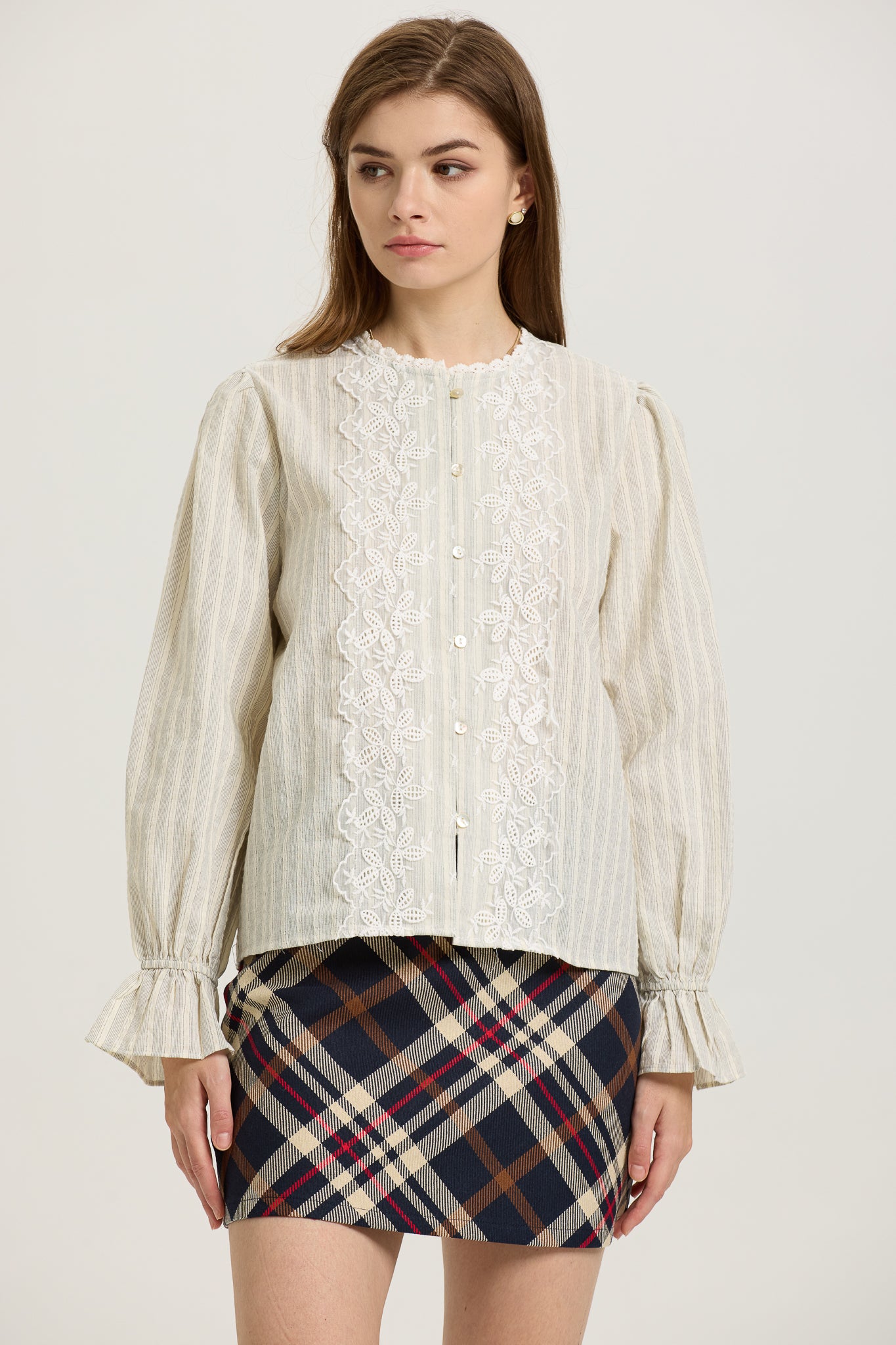 Striped Button-Up Blouse with Lace Appliqué (2S-2M-2L)