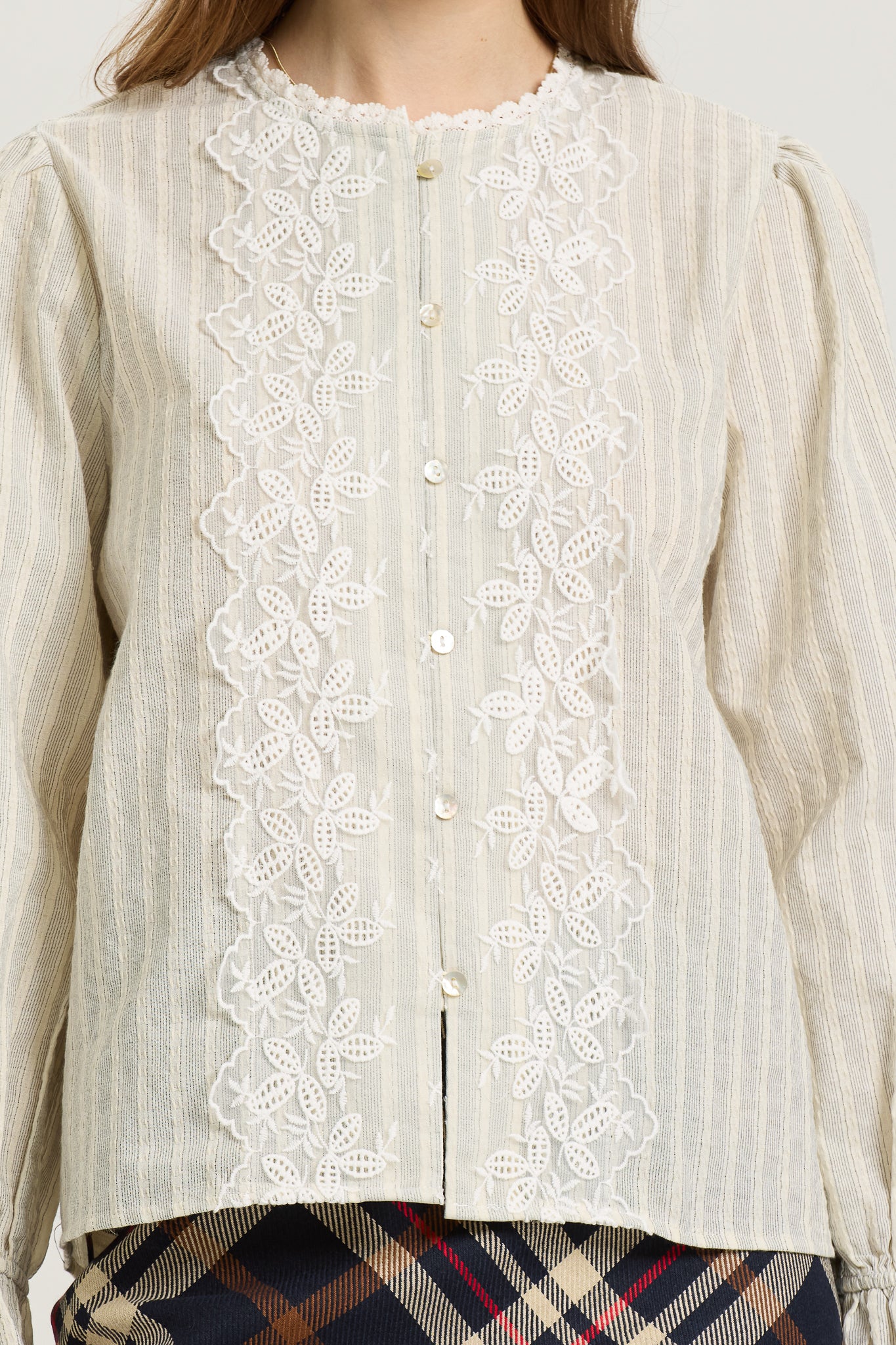 Striped Button-Up Blouse with Lace Appliqué (2S-2M-2L)