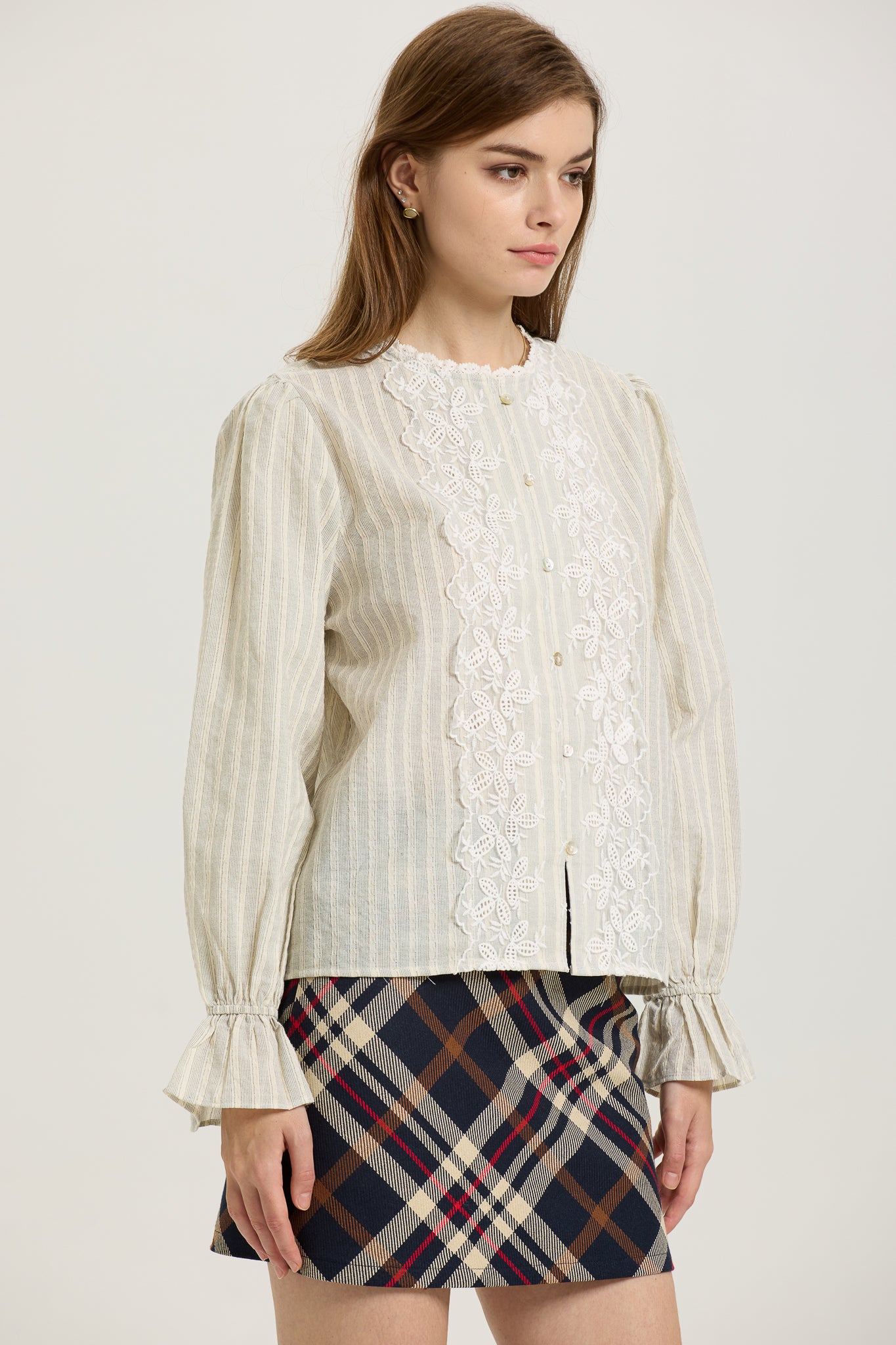 Striped Button-Up Blouse with Lace Appliqué (2S-2M-2L)