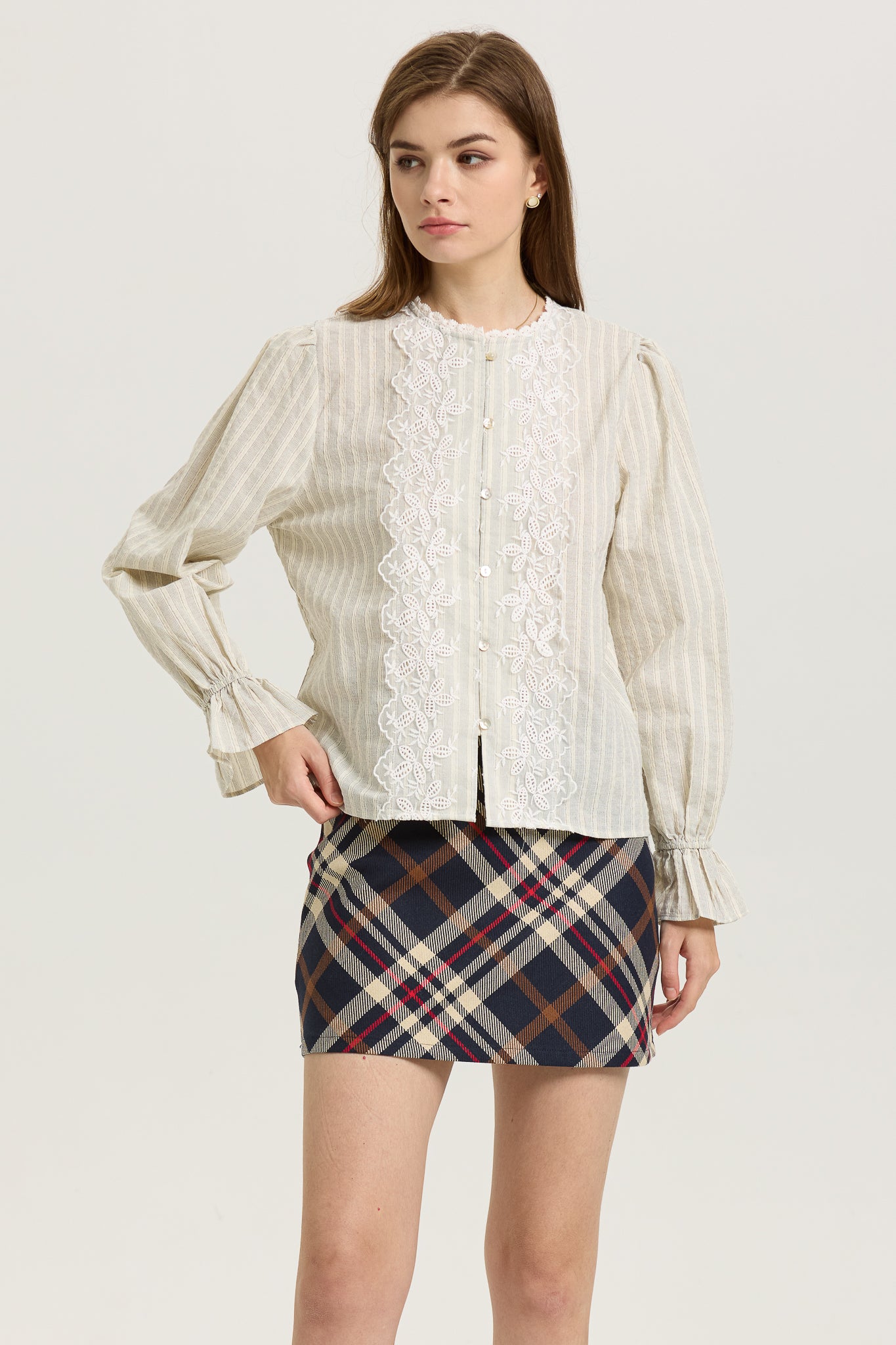 Striped Button-Up Blouse with Lace Appliqué (2S-2M-2L)