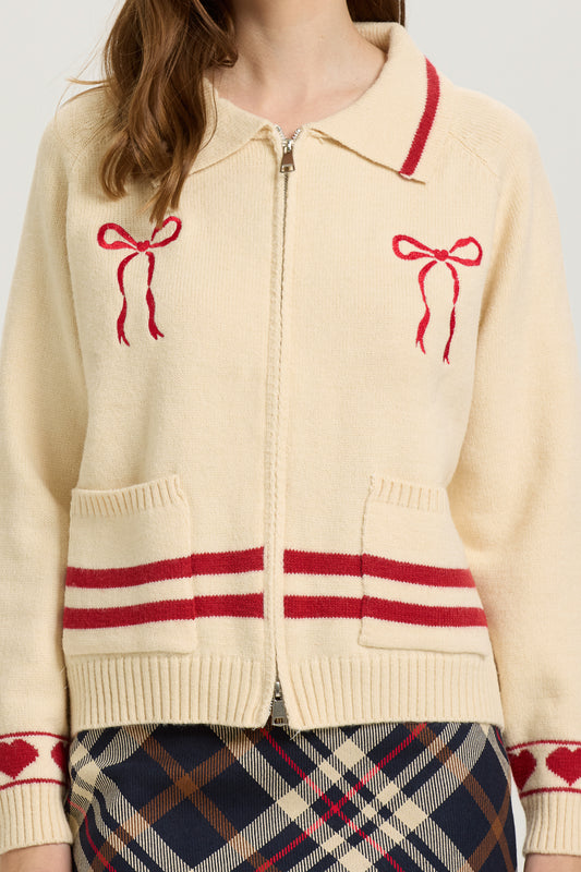 Cream Zip-Up Cardigan with Red Bow Embroidery (2S-2M-2L)