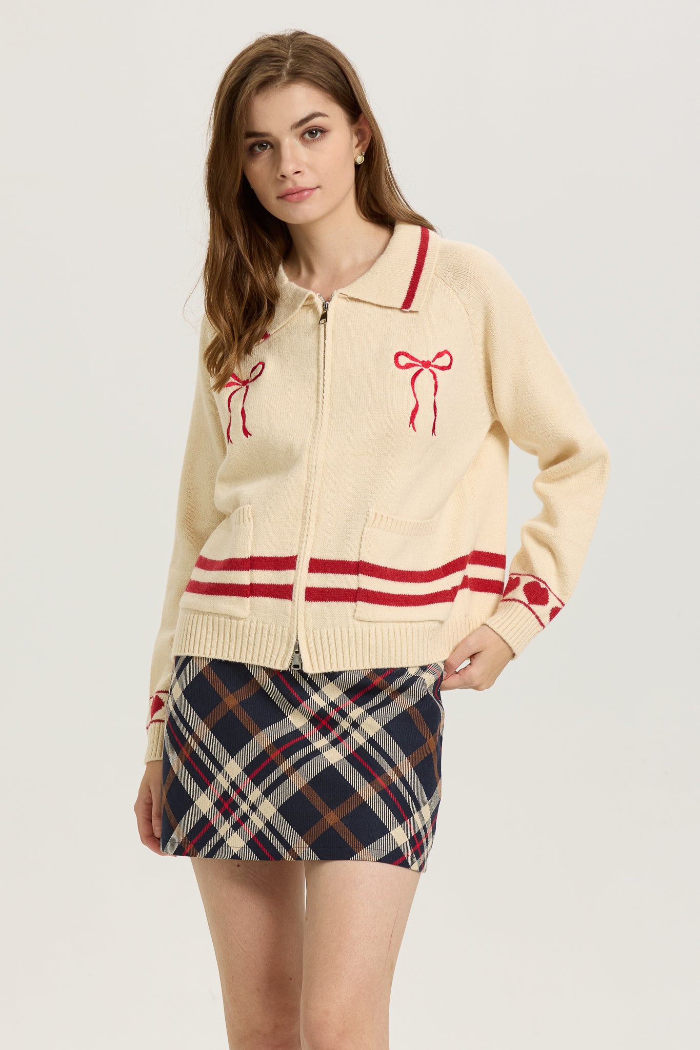 Cream Zip-Up Cardigan with Red Bow Embroidery (2S-2M-2L)