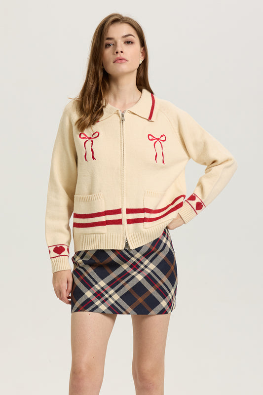 Cream Zip-Up Cardigan with Red Bow Embroidery (2S-2M-2L)