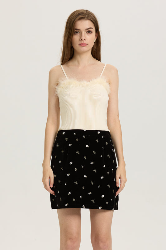 Black Velvet Mini Skirt with Delicate Floral Embroidery (2S-2M-2L)