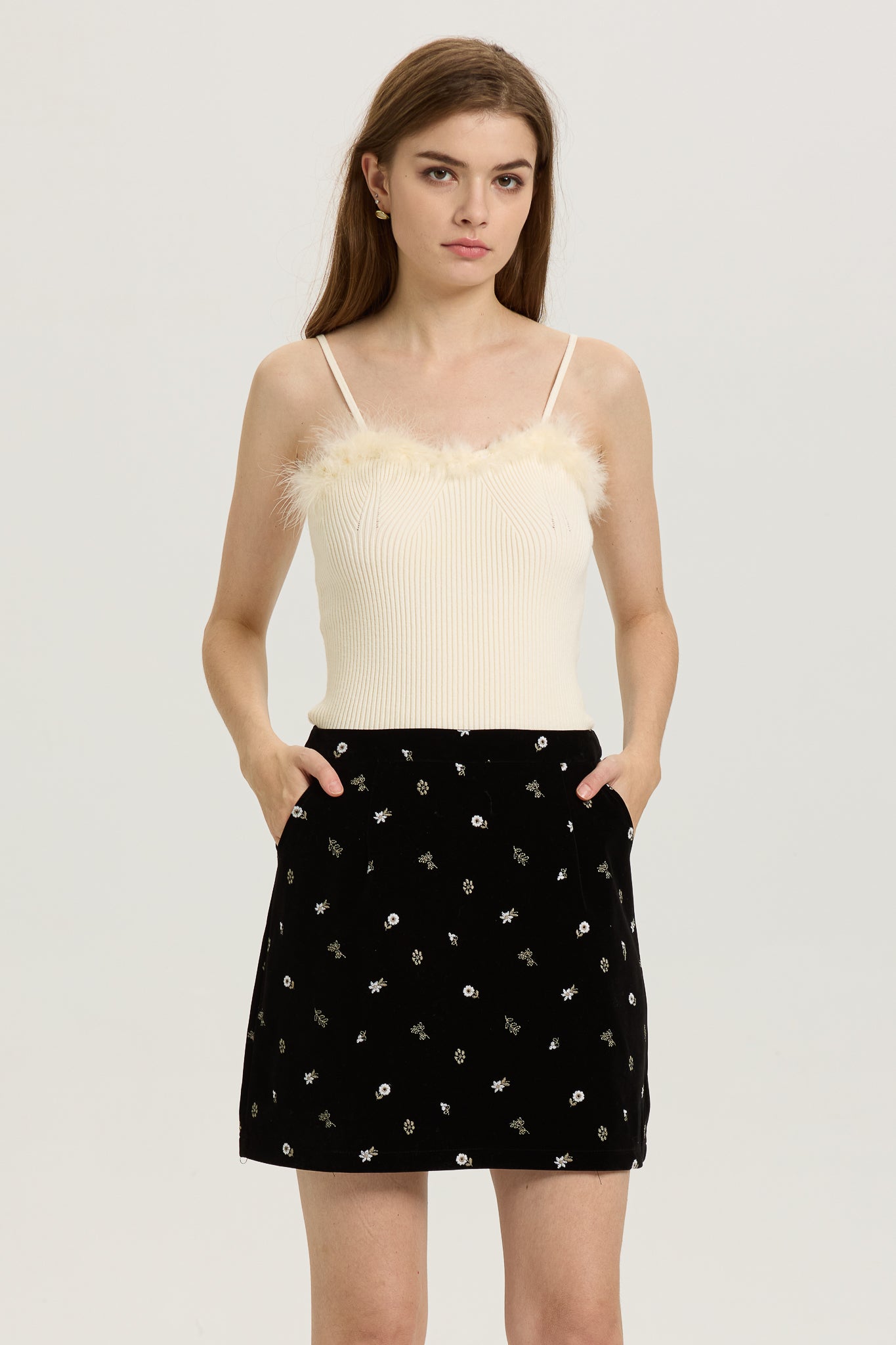 Black Velvet Mini Skirt with Delicate Floral Embroidery (2S-2M-2L)