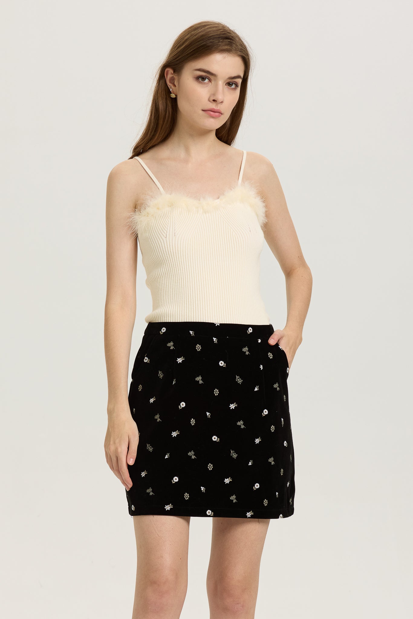 Black Velvet Mini Skirt with Delicate Floral Embroidery (2S-2M-2L)