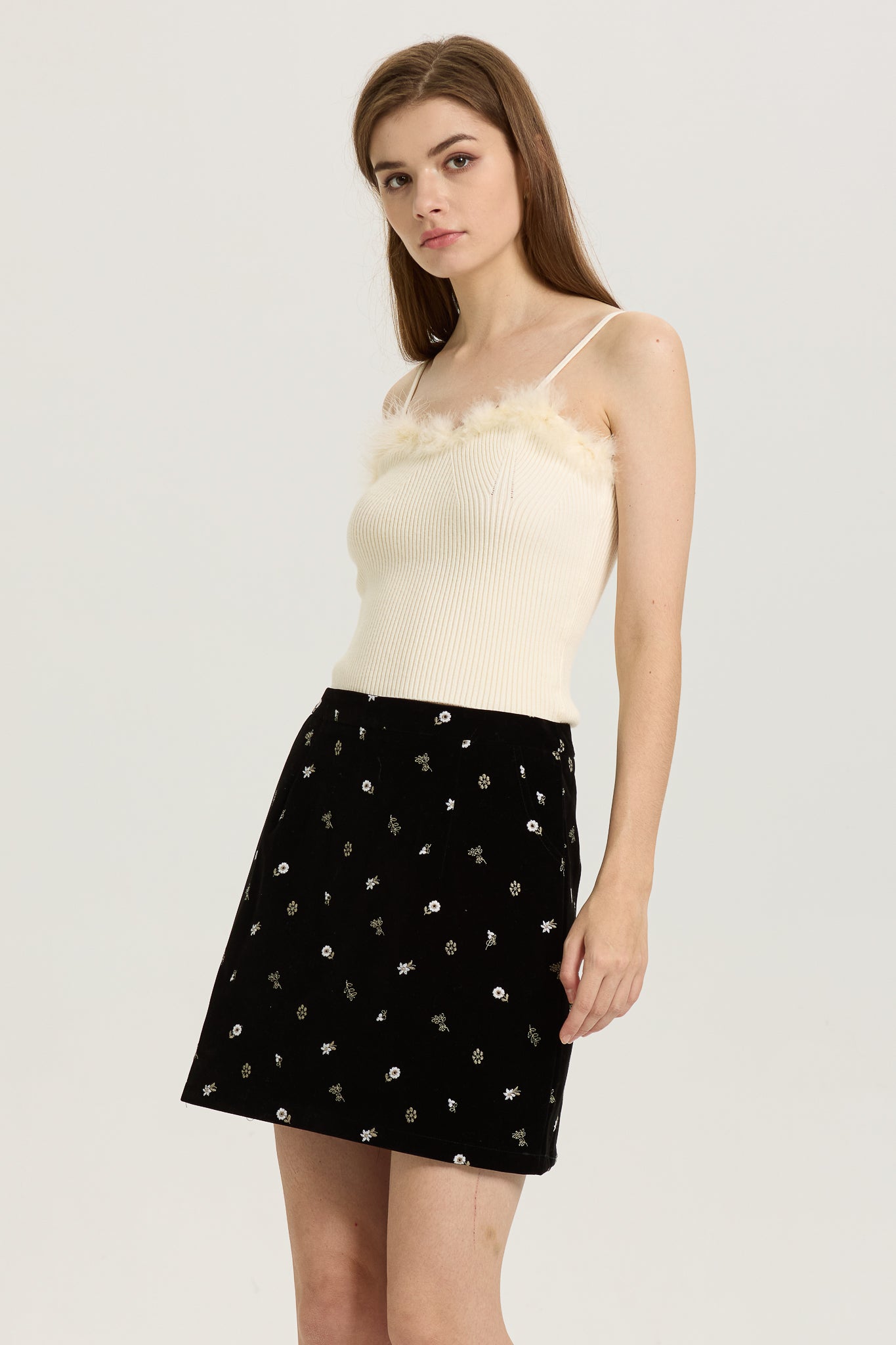 Black Velvet Mini Skirt with Delicate Floral Embroidery (2S-2M-2L)