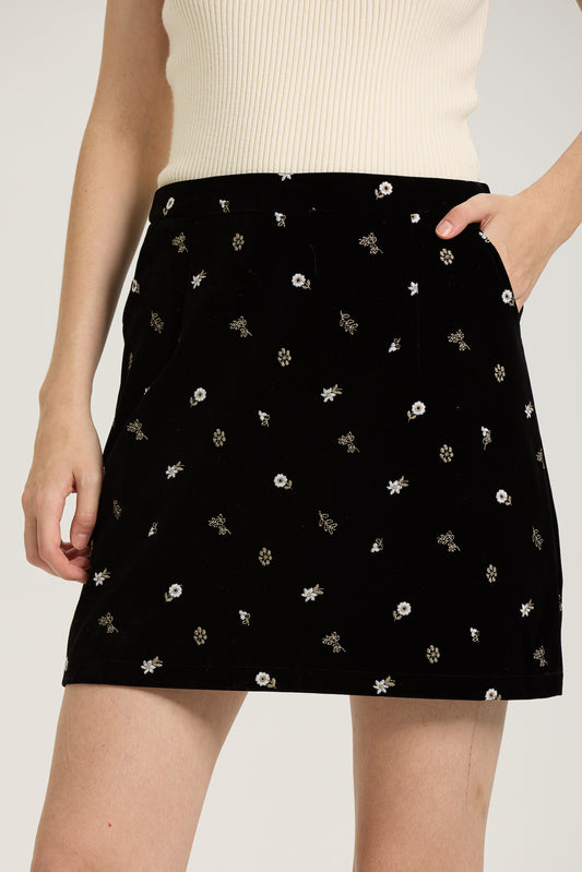 Black Velvet Mini Skirt with Delicate Floral Embroidery (2S-2M-2L)