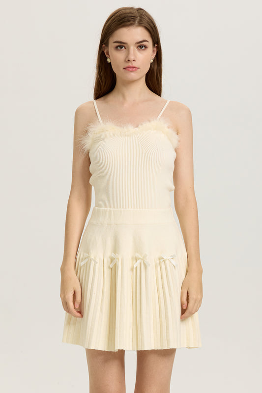 Cream Pleated Knit Skirt with Ribbon Bow (2S-2M-2L)