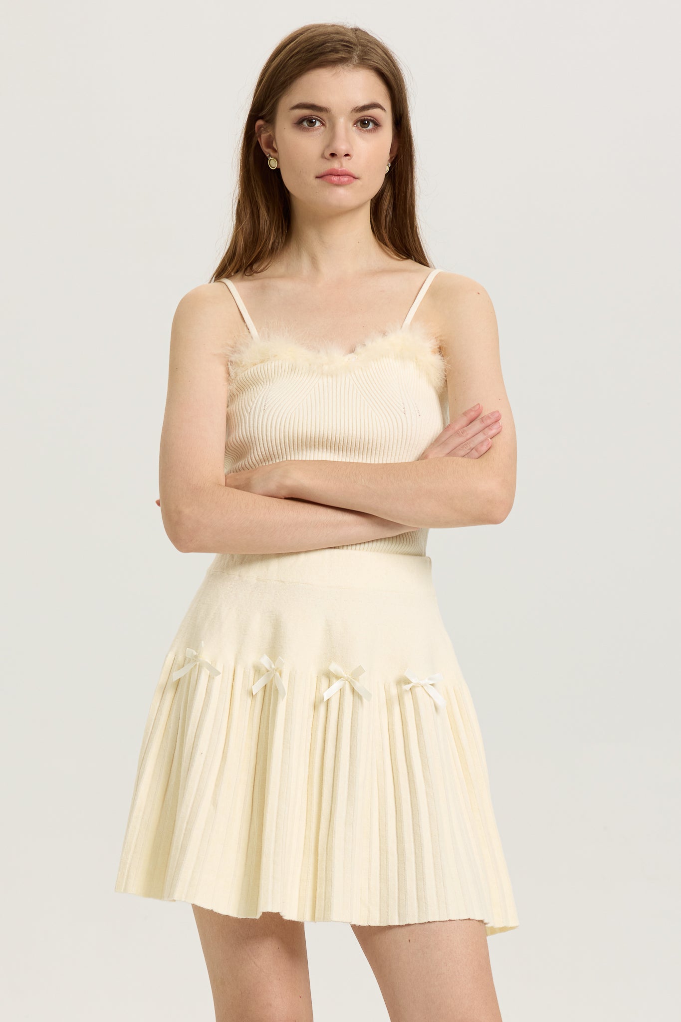 Cream Pleated Knit Skirt with Ribbon Bow (2S-2M-2L)