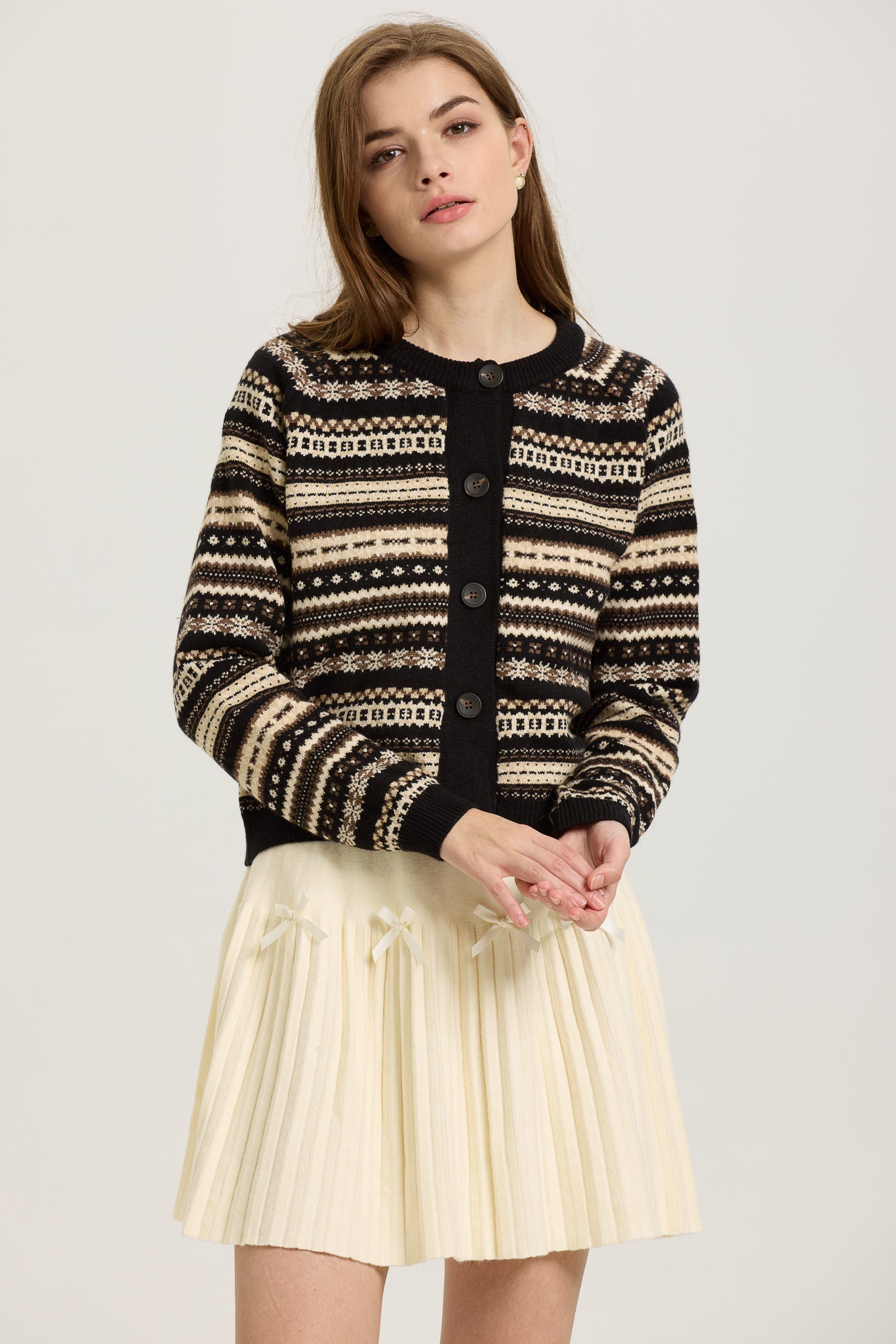 Black and Beige Fair Isle Button-Up Cardigan (2S-2M-2L)