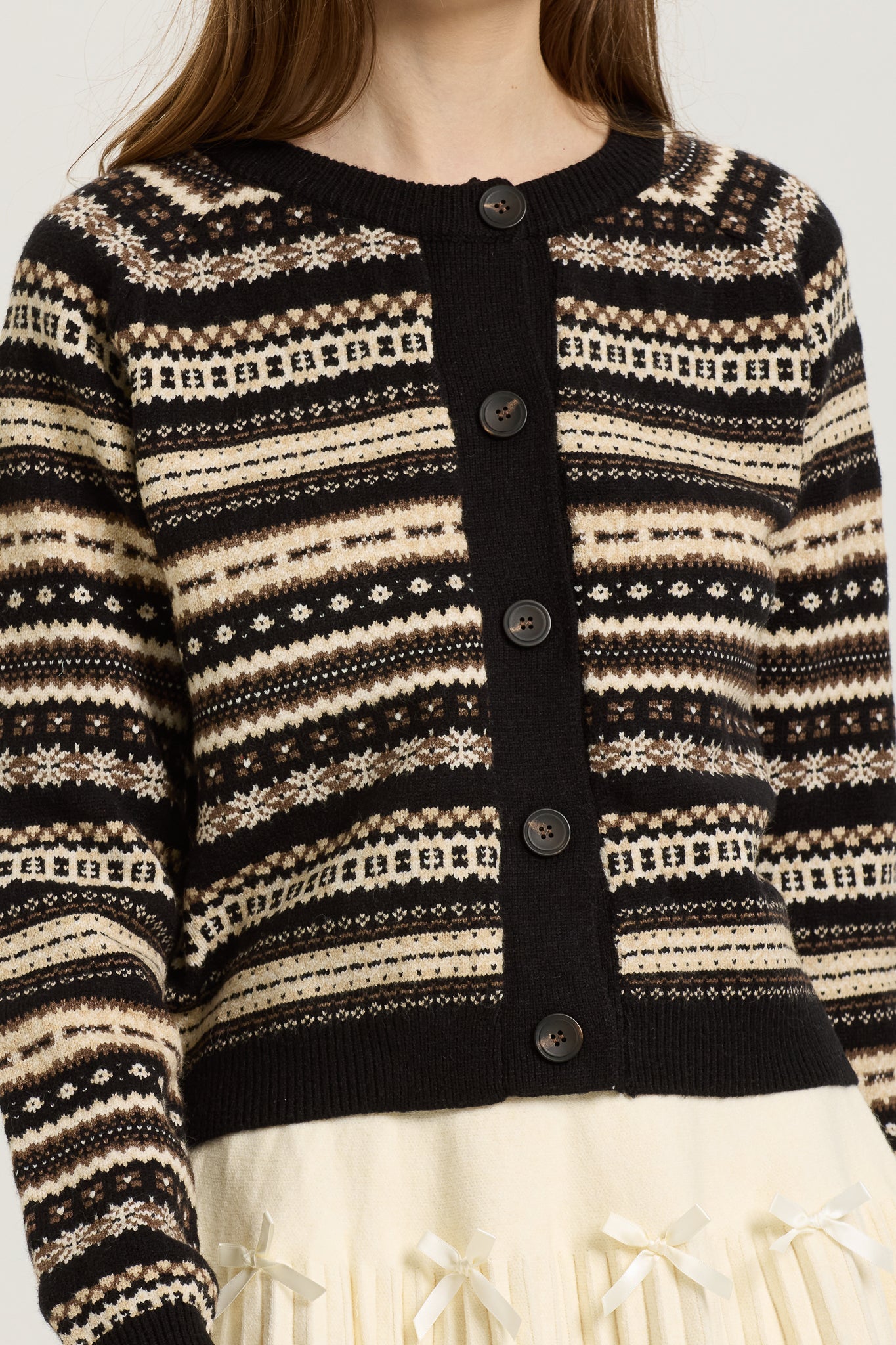 Black and Beige Fair Isle Button-Up Cardigan (2S-2M-2L)