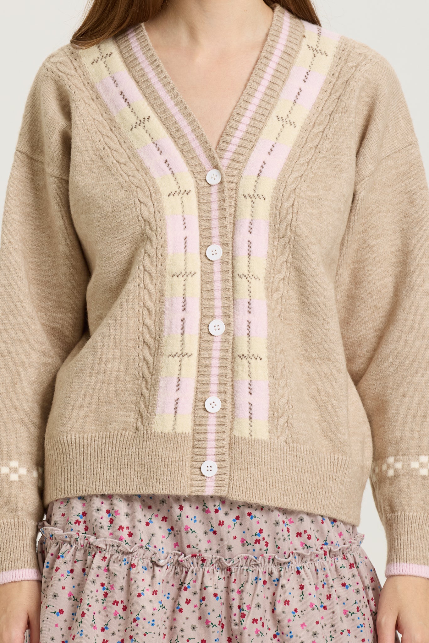 Beige Knit Cardigan with Pastel Plaid (2S-2M-2L)