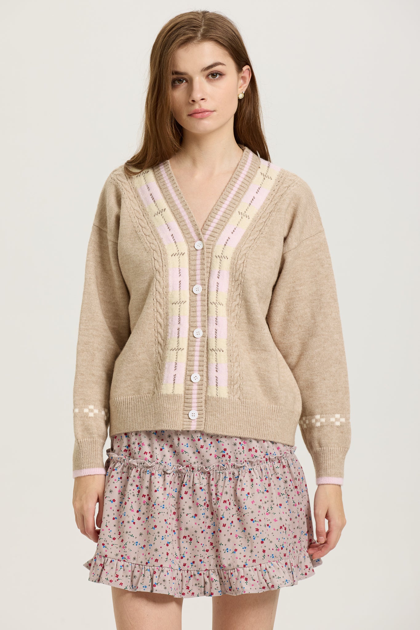 Beige Knit Cardigan with Pastel Plaid (2S-2M-2L)