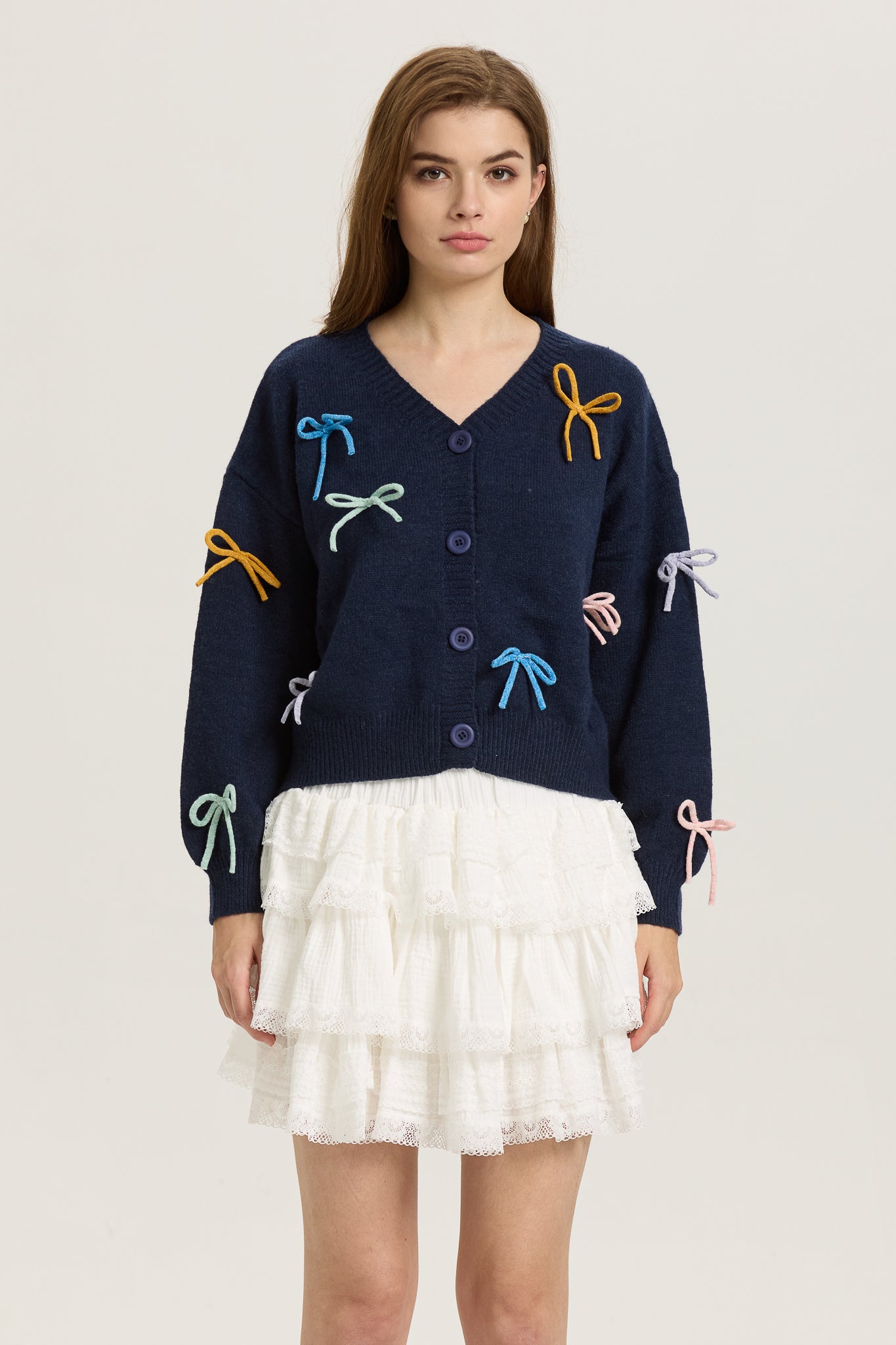 Navy Button-Up Cardigan with Multi-Color Bows (2S-2M-2L)