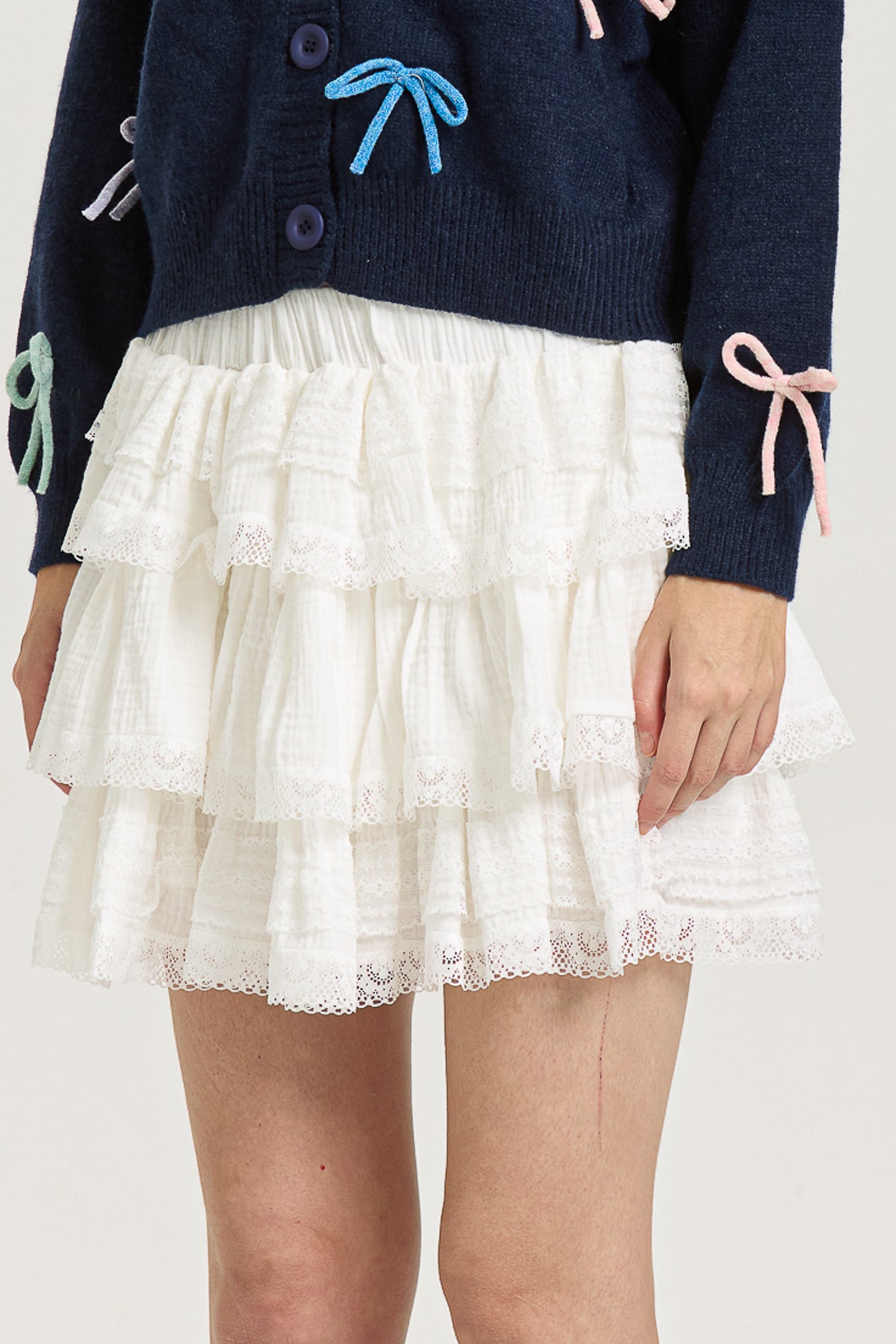 White Tiered Mini Skirt with Lace Trim and Ruffle Layers (2S-2M-2L)