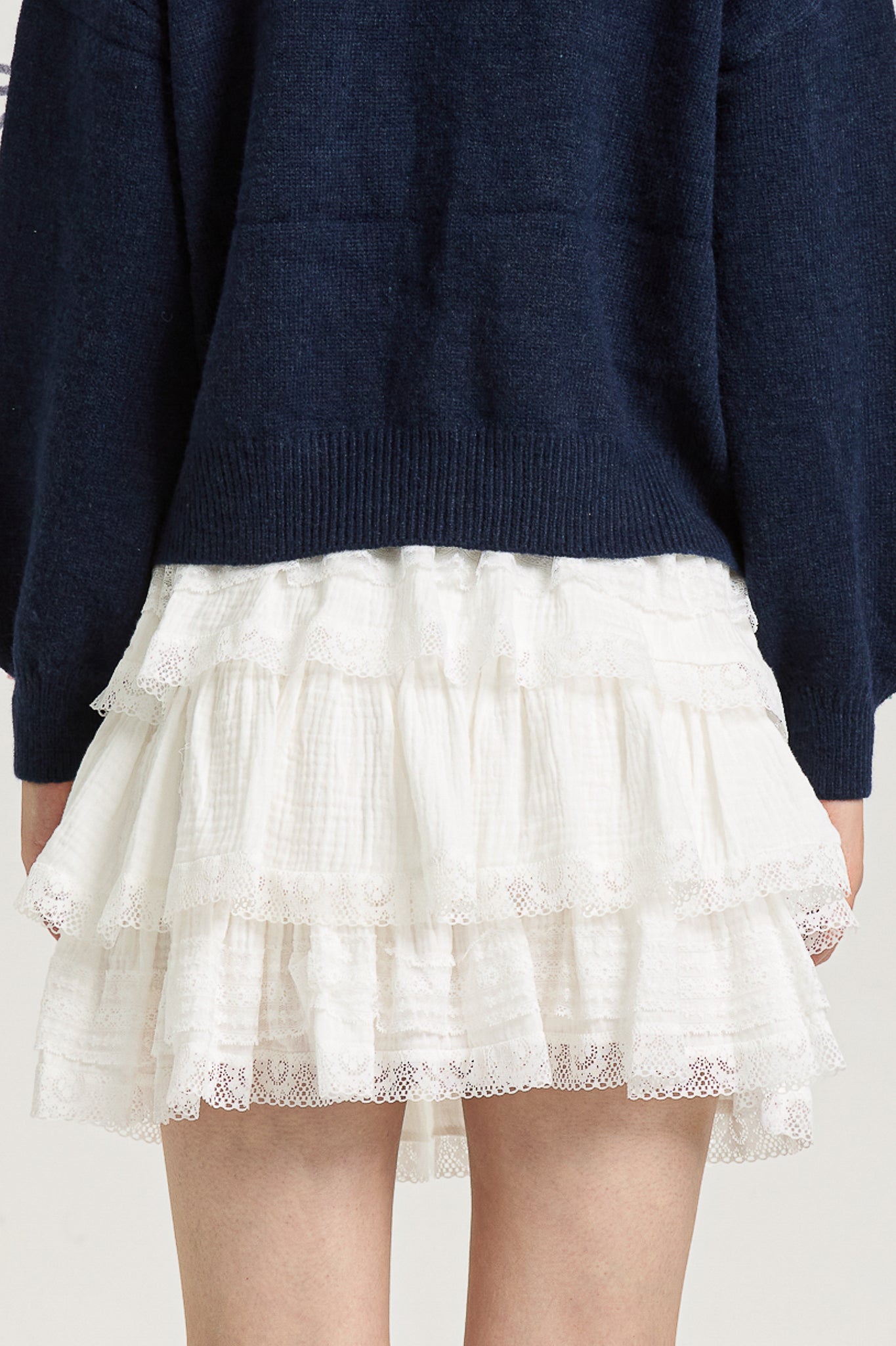 White Tiered Mini Skirt with Lace Trim and Ruffle Layers (2S-2M-2L)