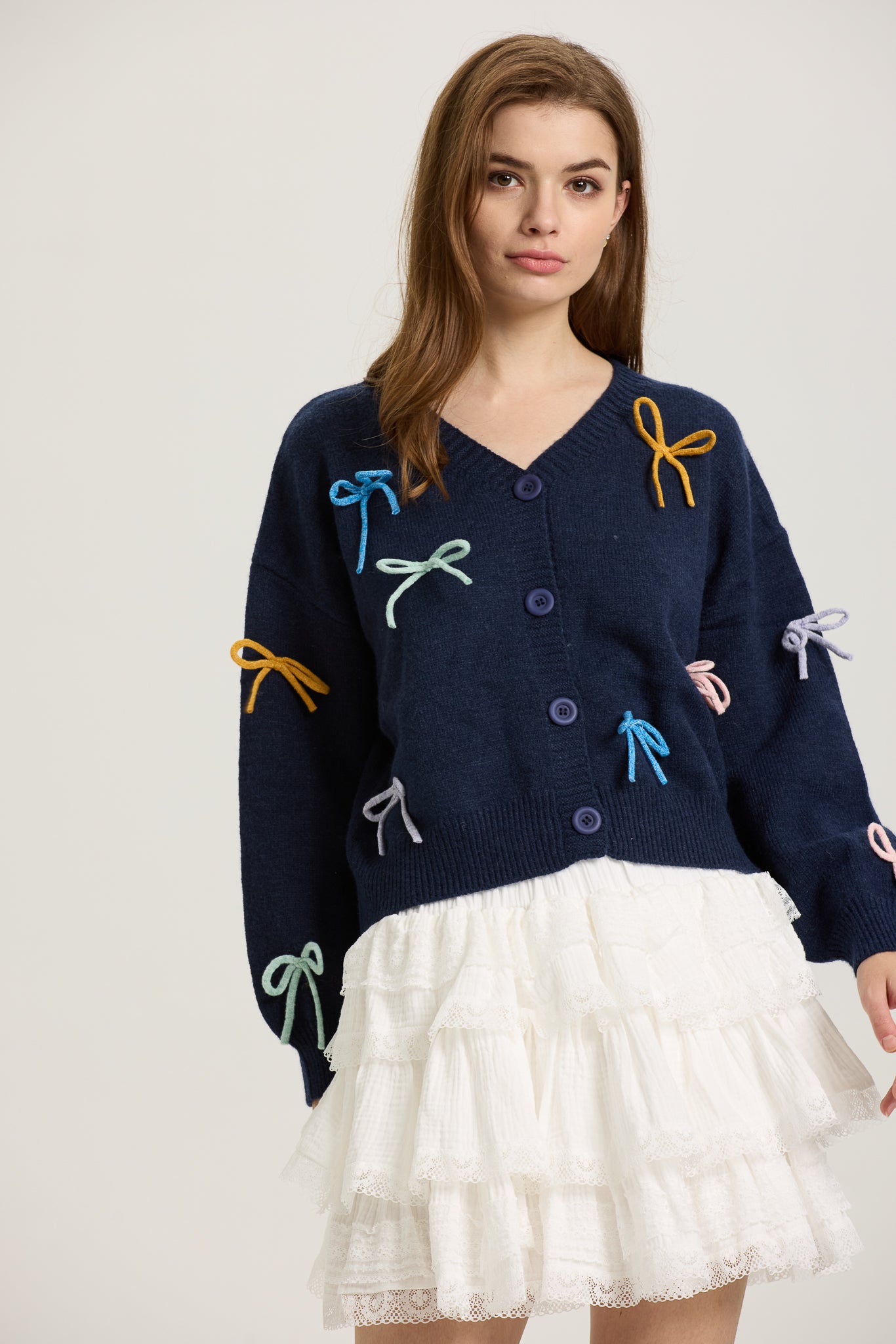 Navy Button-Up Cardigan with Multi-Color Bows (2S-2M-2L)