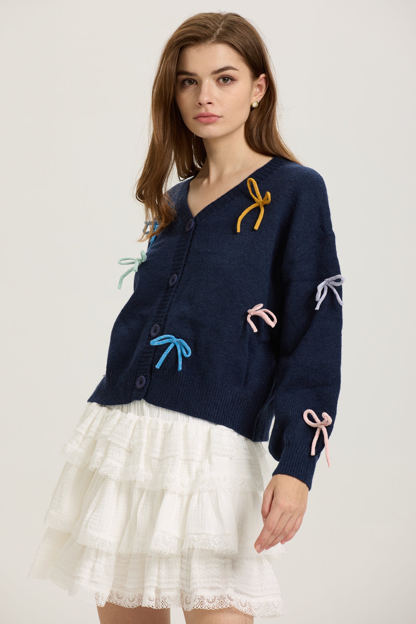 Navy Button-Up Cardigan with Multi-Color Bows (2S-2M-2L)