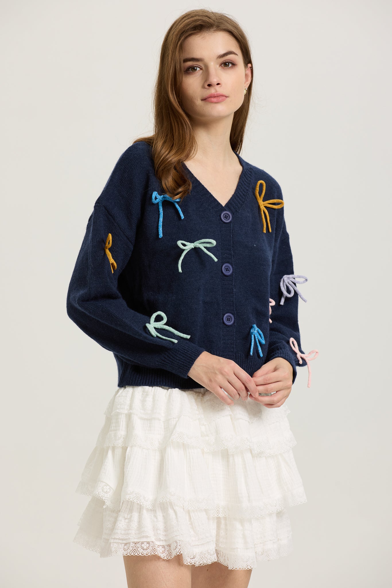 Navy Button-Up Cardigan with Multi-Color Bows (2S-2M-2L)